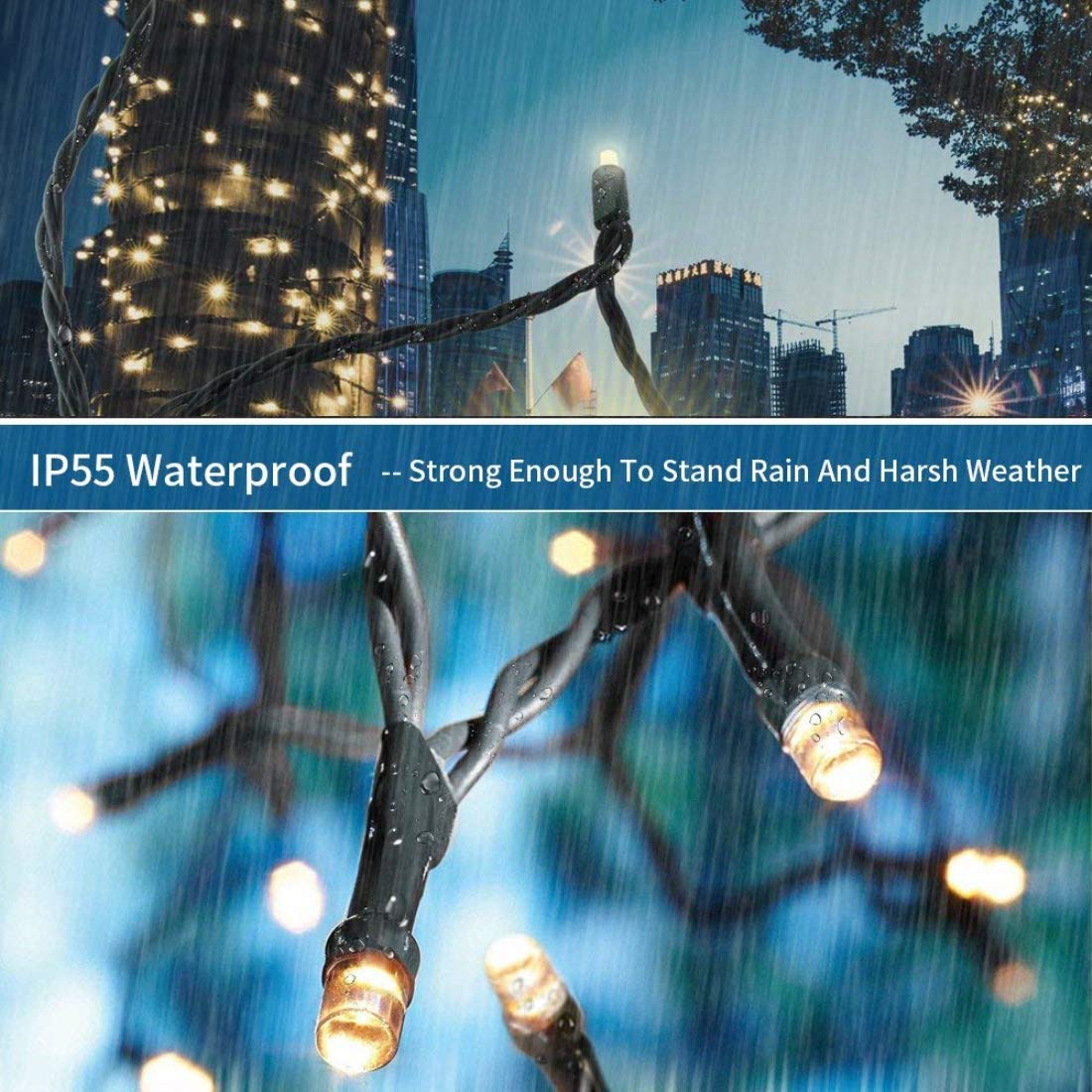 OUTYLTS Christmas String Lights 300 LED Warm White 108FT IP55 Waterproof Model QL300I for Indoor/Outdoor Decoration