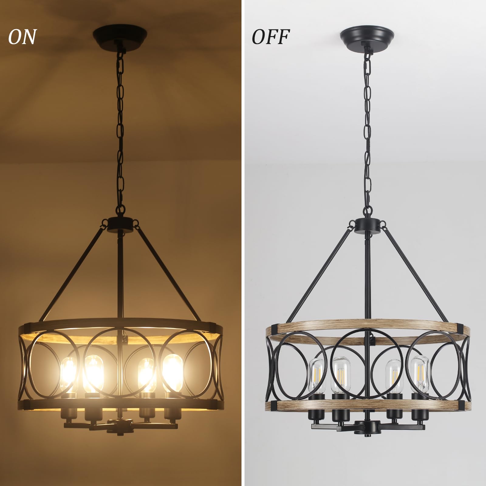 Farmhouse Chandelier For Dining Room Light Fixture 4-Light 17.71    Rustic Black And Brown Metal Wood Grain Round Pendant Kitche