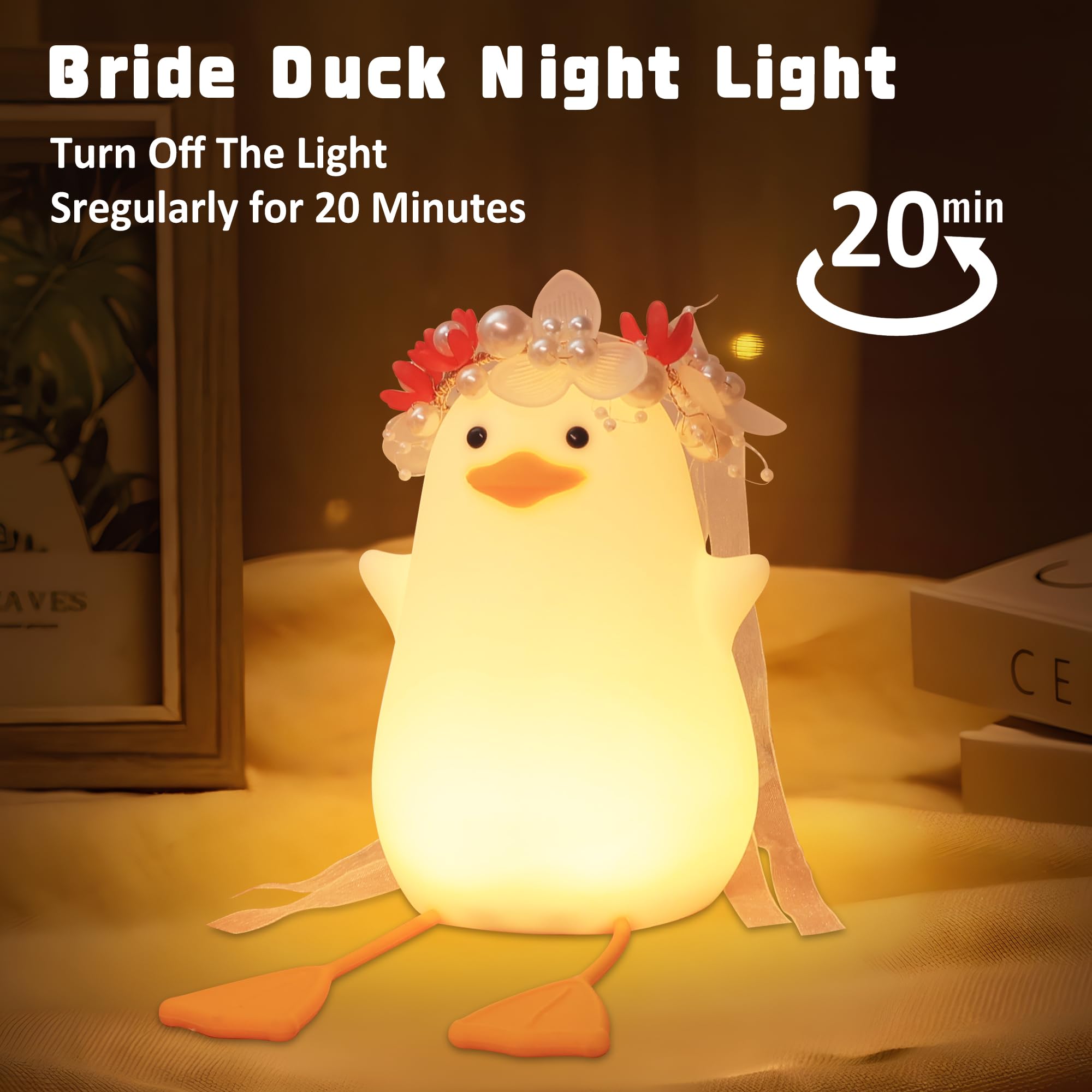 Hinittey Benson Bride Duck Night Light - Cute Duck Lamp With Flower Headpiece, Warm Dimming Light & Timer Room, Birthday, Xmas,