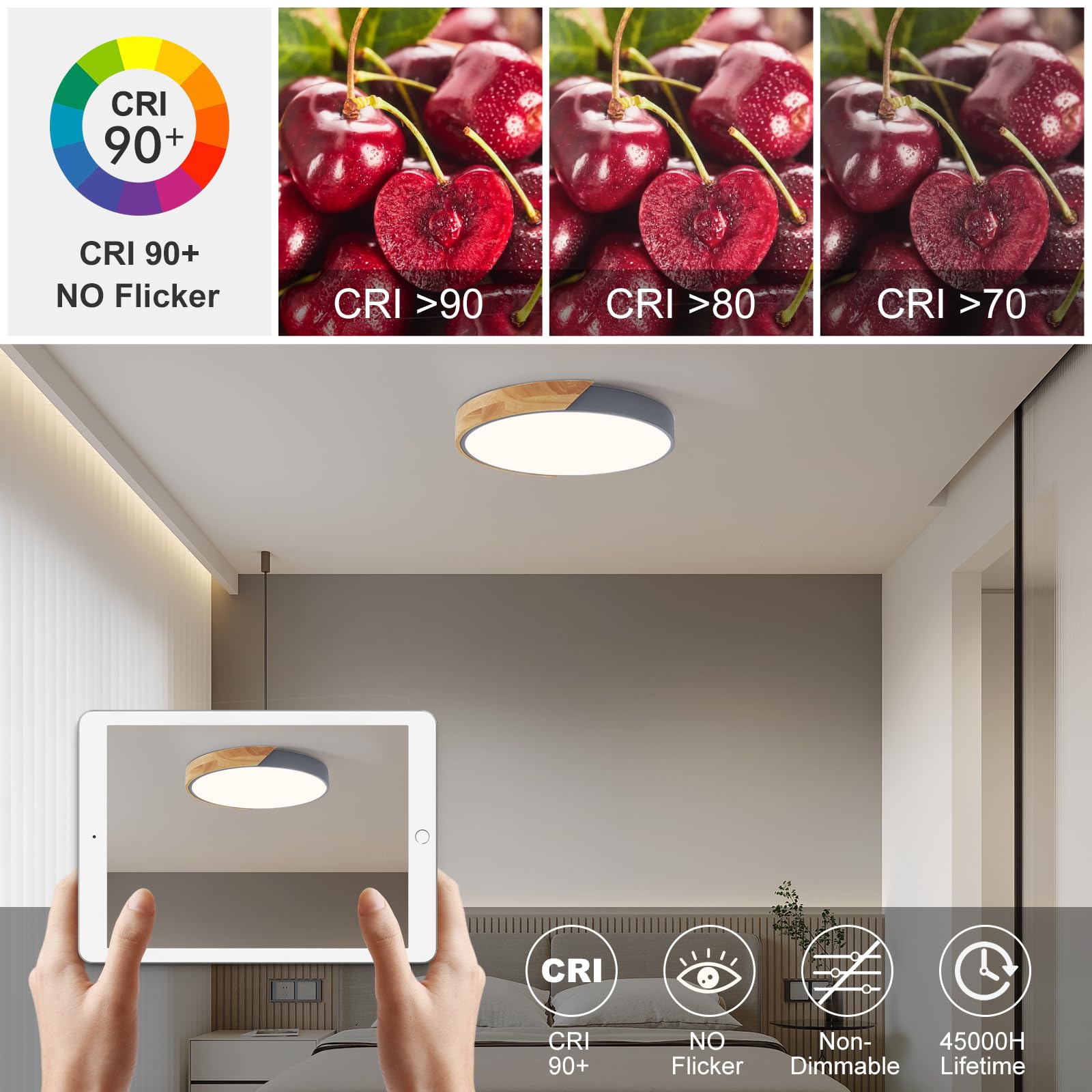 Vikaey Modern Led Ceiling Light, Minimalist Wood Flush Mount Ceiling Light Fixture, 4000K Not Dimmable, Circle Lighting Lamp Wit