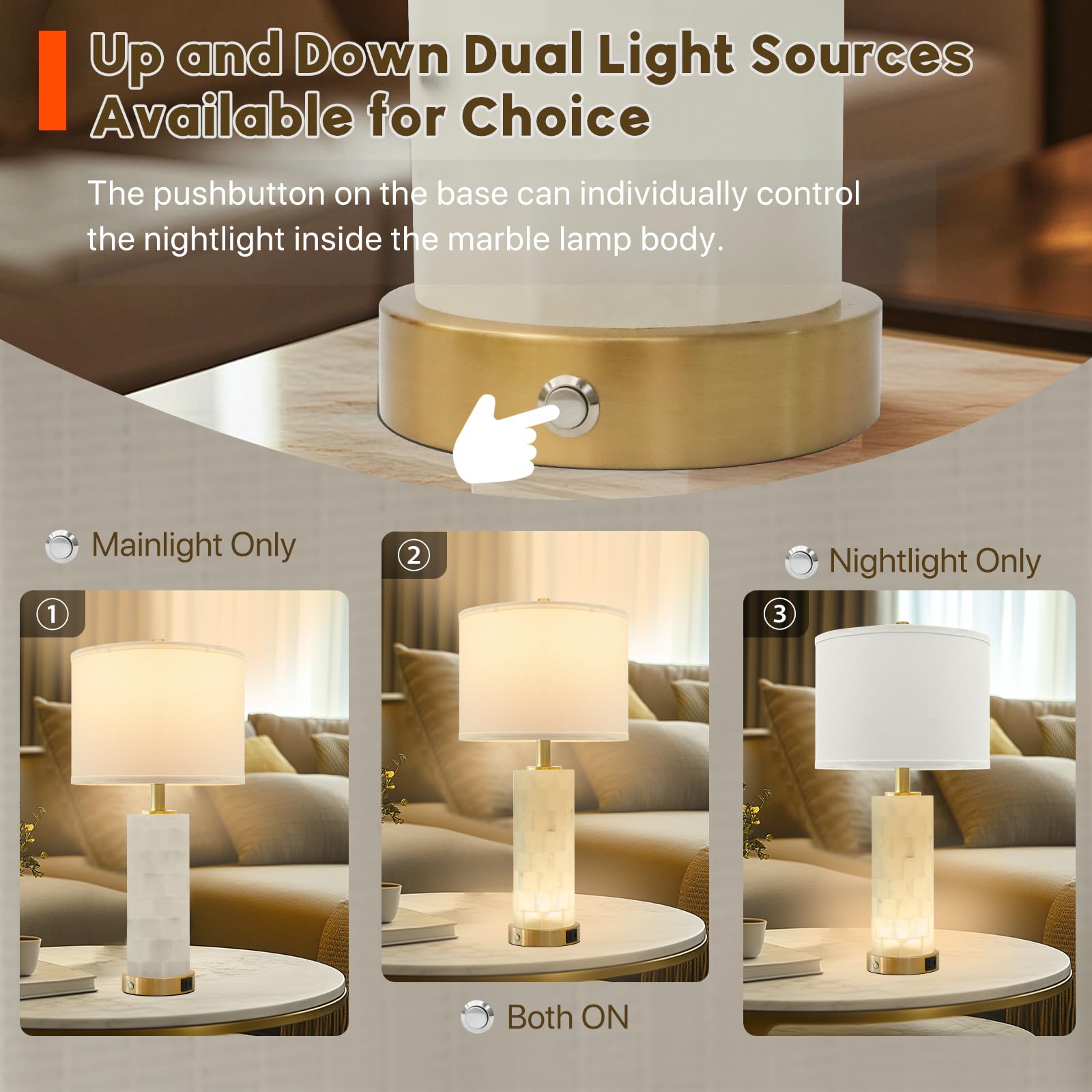 vallerico Alabaster Lamp Set of 2, 23.5" Table Lamps with USB Ports, 3-Color Temperatures, Gold Finish, Model VR-MTB-G2