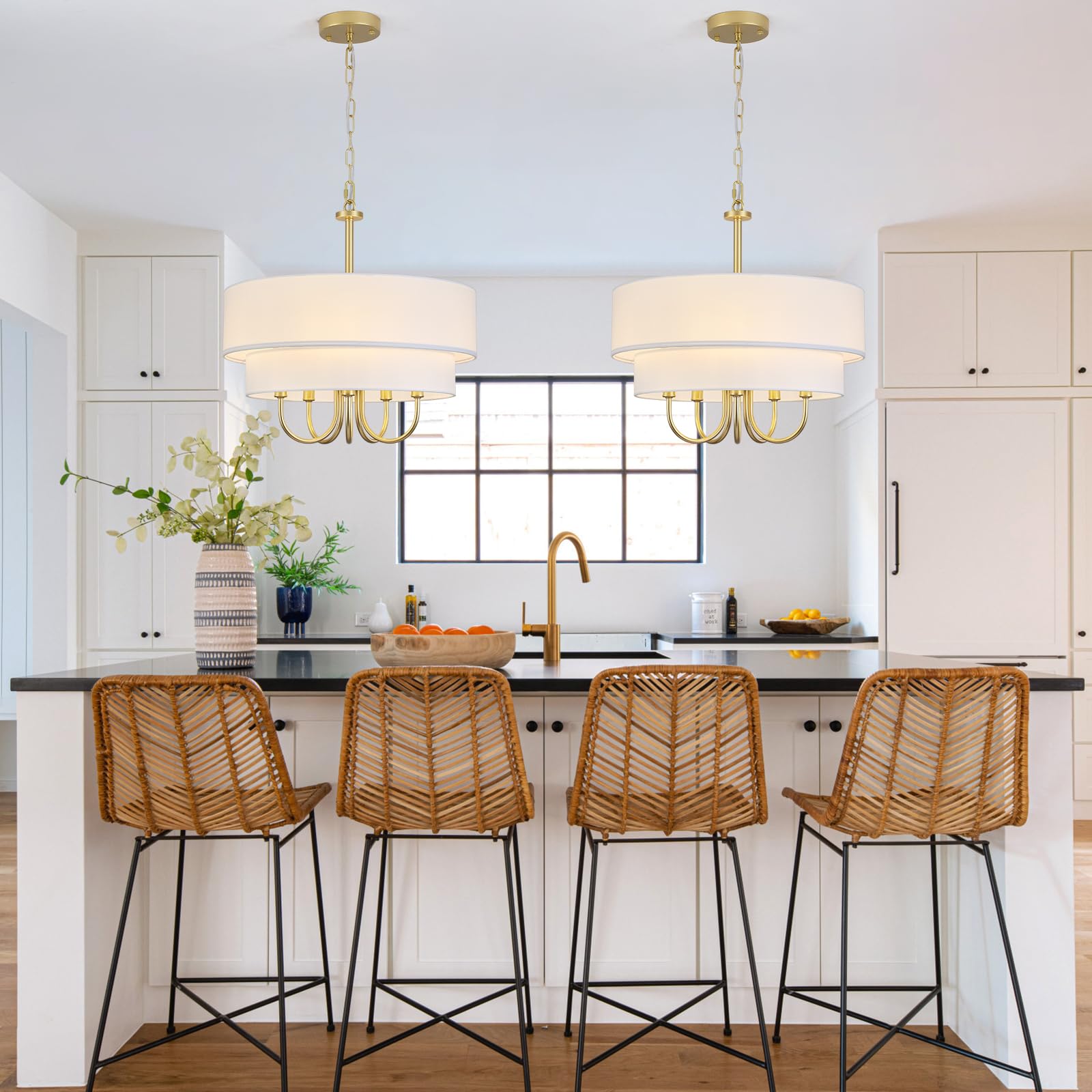 Gold Farmhouse Chandelier 5 Lights Drum Chandeliers With White Fabric Shades Dining Room Light Fixtures Over Table Brass Pendant