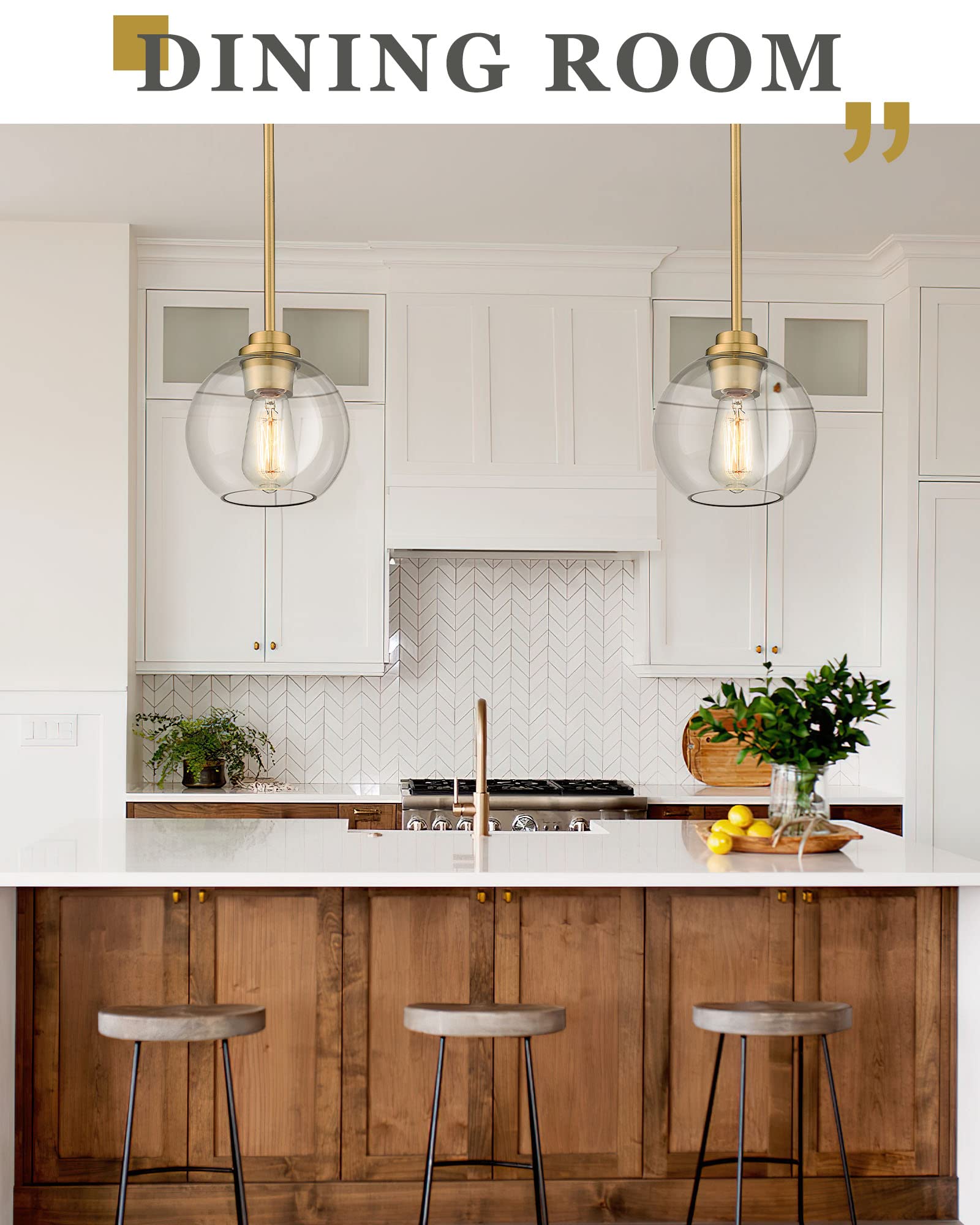 Audickic Brass Pendant Lights Kitchen Island 2 Pack, Farmhouse Gold Pendant Light With Clear Glass Globe Shade, Kitchen Island Lighting For Dining Room Entryway, Ad-22280-1P2-Gd-C