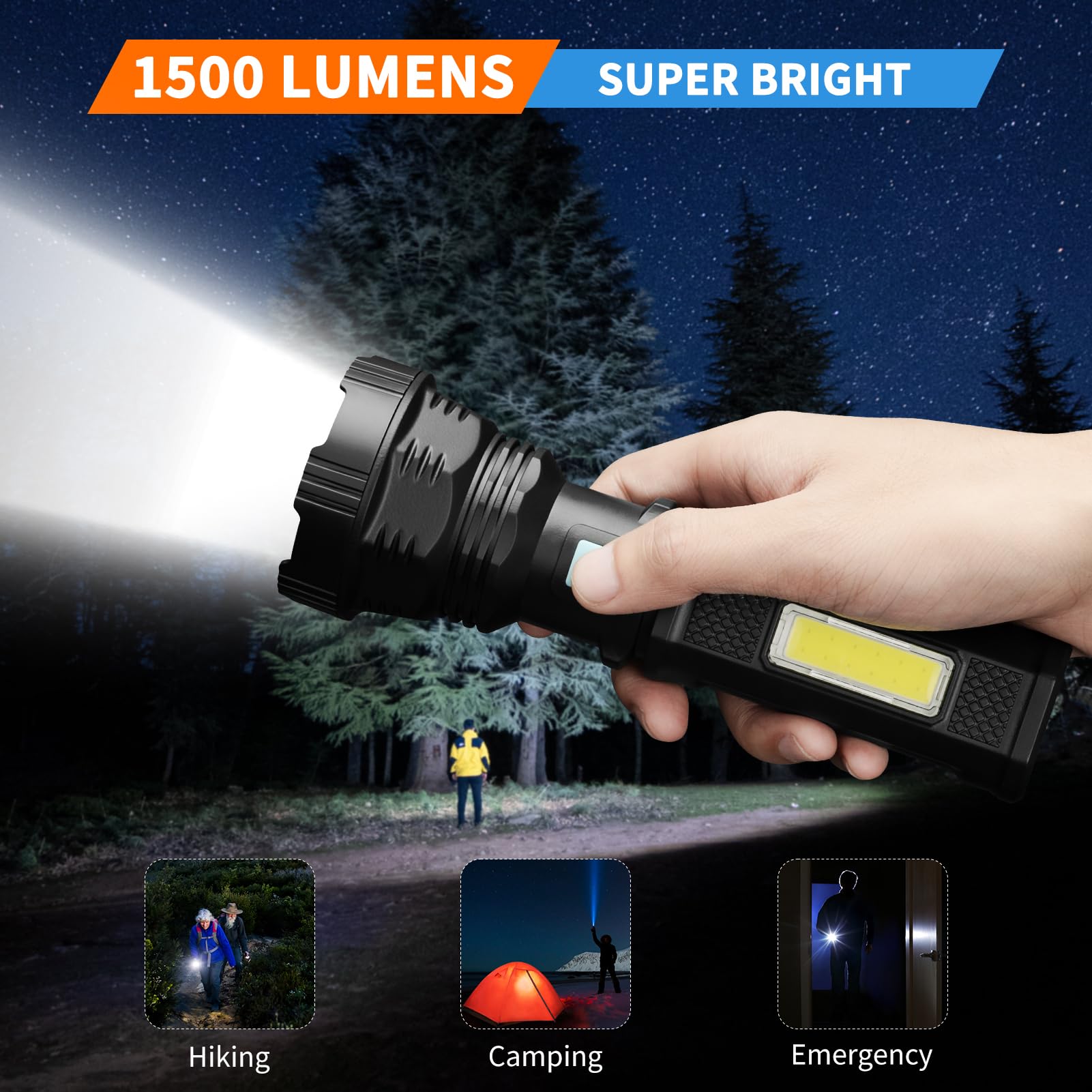 VOETIR Led Solar Flashlight, 1500 Lumens, IP65 Waterproof, 2000mAh Battery, 2 Packs, Black, Model VOETIR-F
