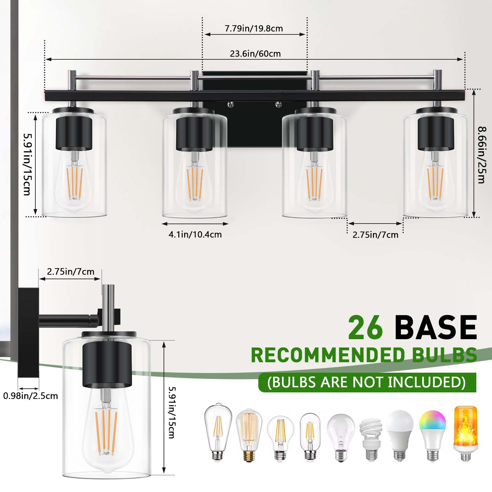 LWSOY 4-Lights Bathroom Light Fixtures, Modern Metal Vanity Light, 24 Inch, Black & Silver with Clear Glass Shade