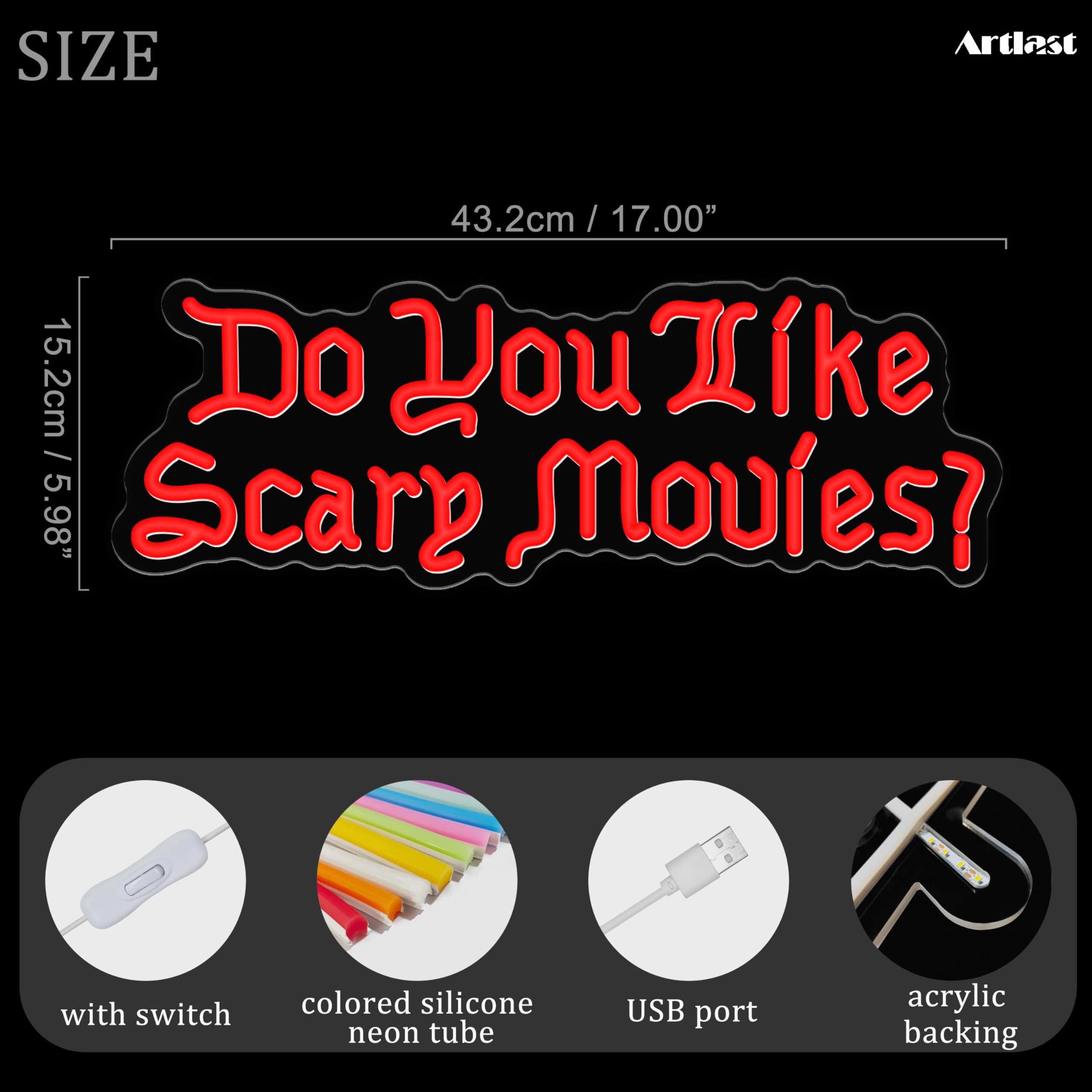 Artlast LED Neon Sign - inDo You Like Scary Moviesin - 17inx5.98in - Red - Acrylic - Halloween Party Decor