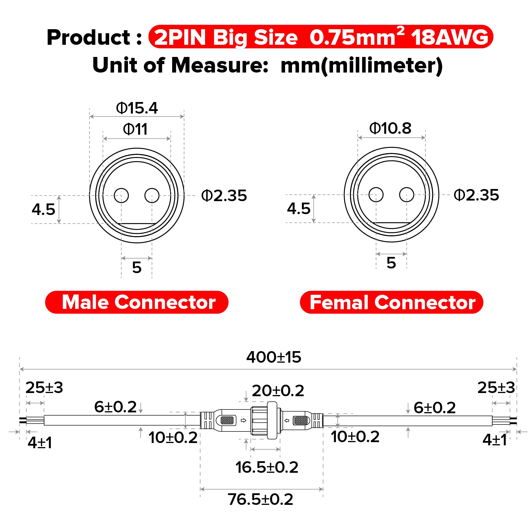 Hysmigor 2 Pin Electrical Connector 18Awg Ip65 Male Female Connector 7.87In/20Cm Extension Cable For Car,Truck,Boat,Indoor/Outdo