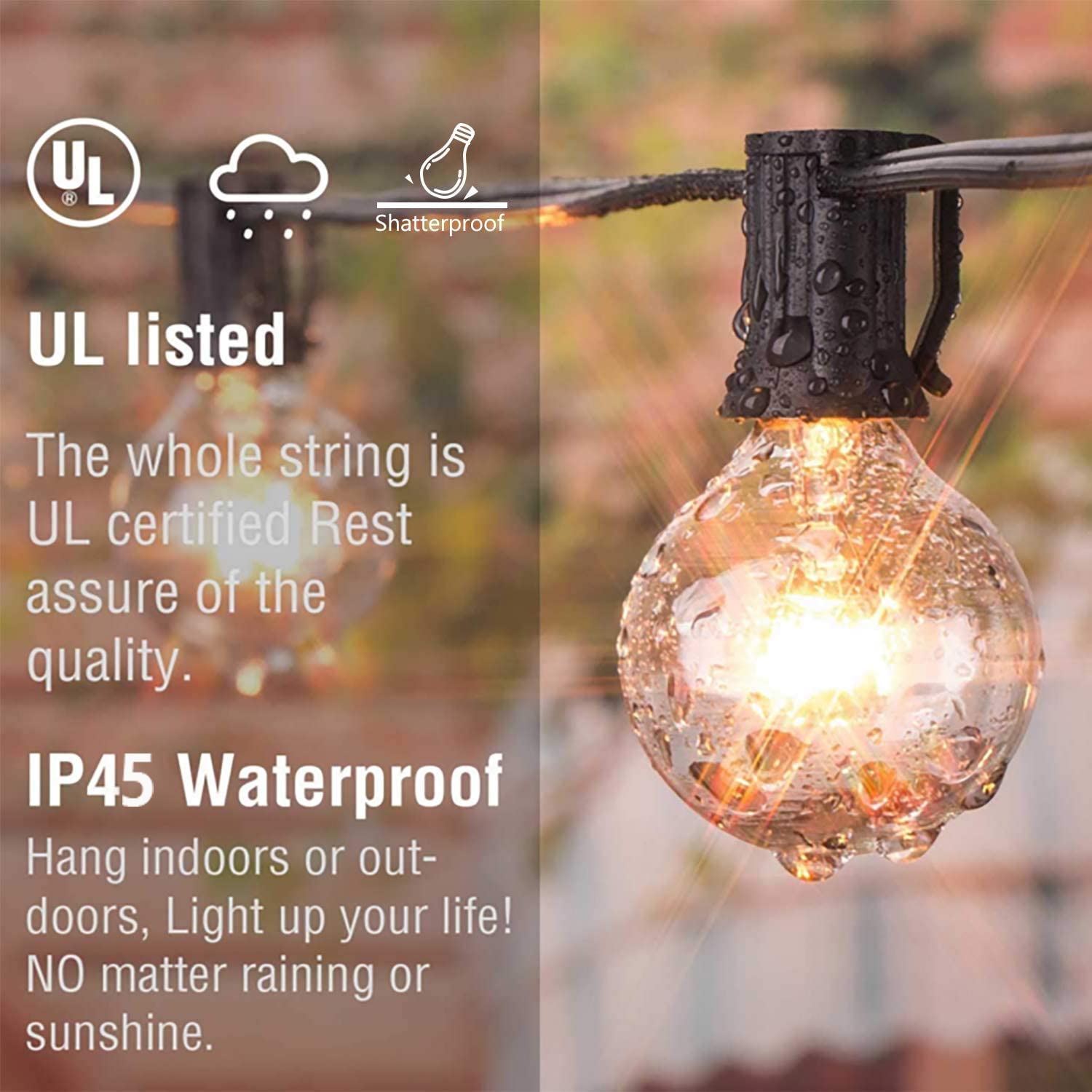 Svater Outdoor String Lights 50ft, 25 G40 Shatterproof Bulbs, Waterproof, Warm White, Black