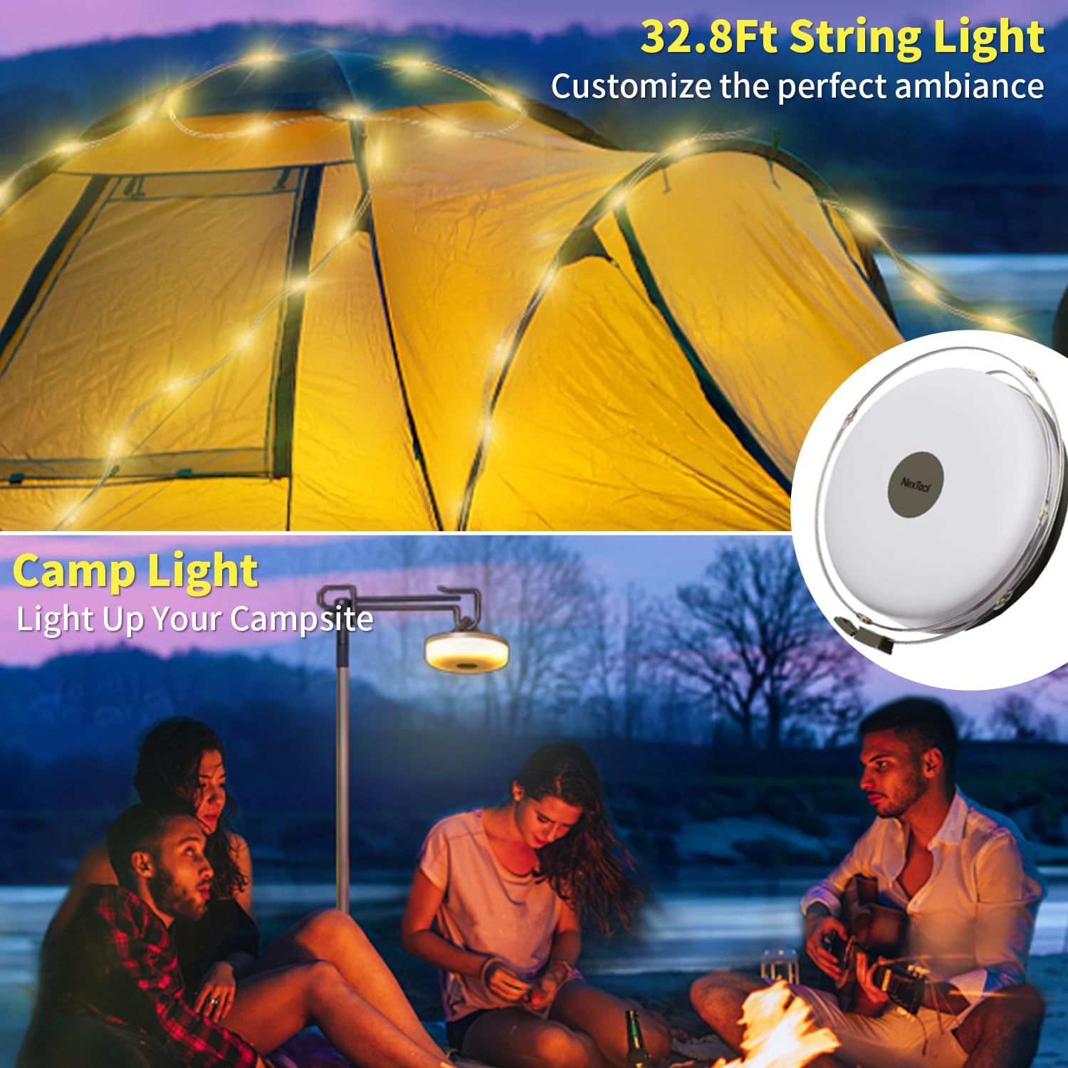 Camping String Lights,Hamlite 65.6Ft Camping Lights With 5 Lighting Modes, Quick 30S Recovery, Waterproof Usb Charging Light, Re