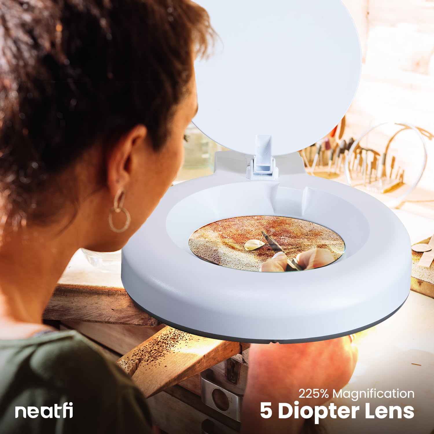 Neatfi LED Magnifying Lamp with Clamp, 12W, 60 SMD LEDs, 5-Diopter, Adjustable Brightness, White