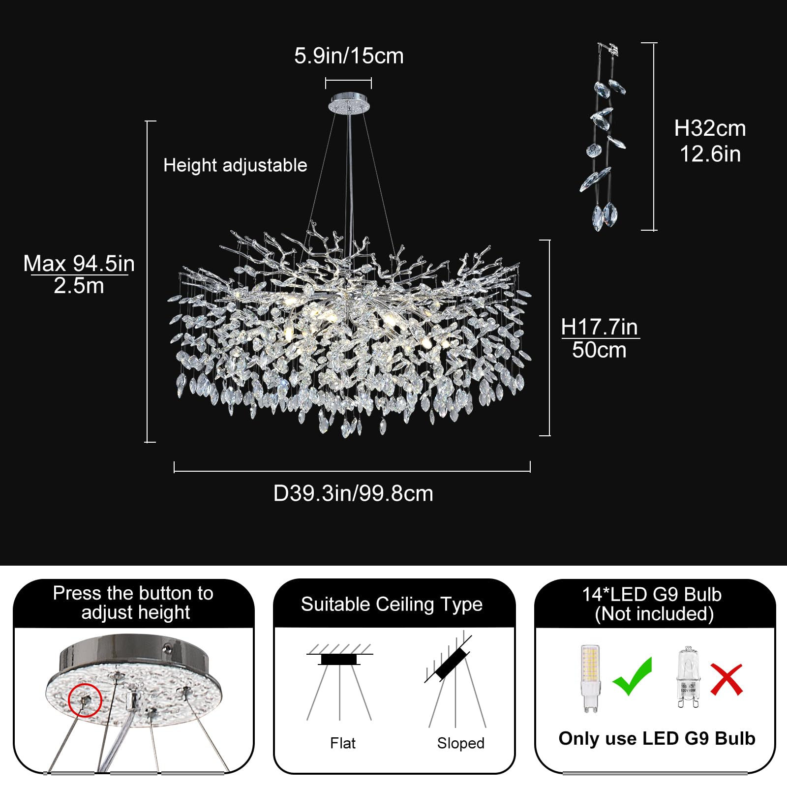 kvtinmty Modern Crystal Chandelier - 40" Round Silver Tree Branch Design, Dining Room Light Fixture, Model 2023102612