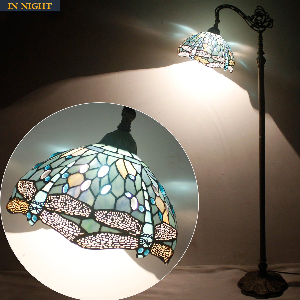 WERFACTORY Tiffany Lamp Shade Replacement, 12x6 Inch Sea Blue Stained Glass, Dragonfly Design, 1-5/8 Inch Fitter Opening, Model S147