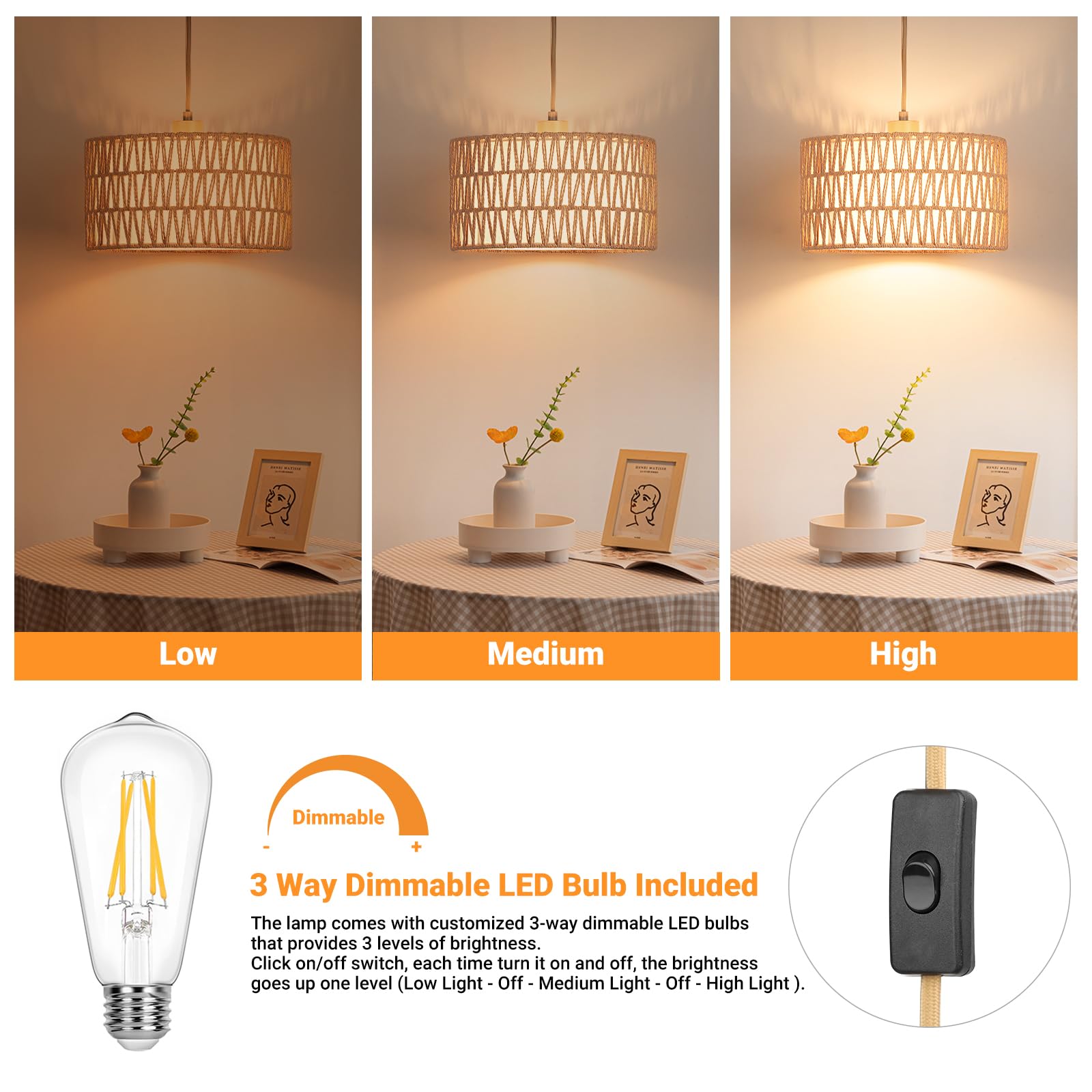 Qingmiao Boho Rattan Pendant Light With Dimmable Bulb, Woven & Fabric Shade, Ceiling Fixture