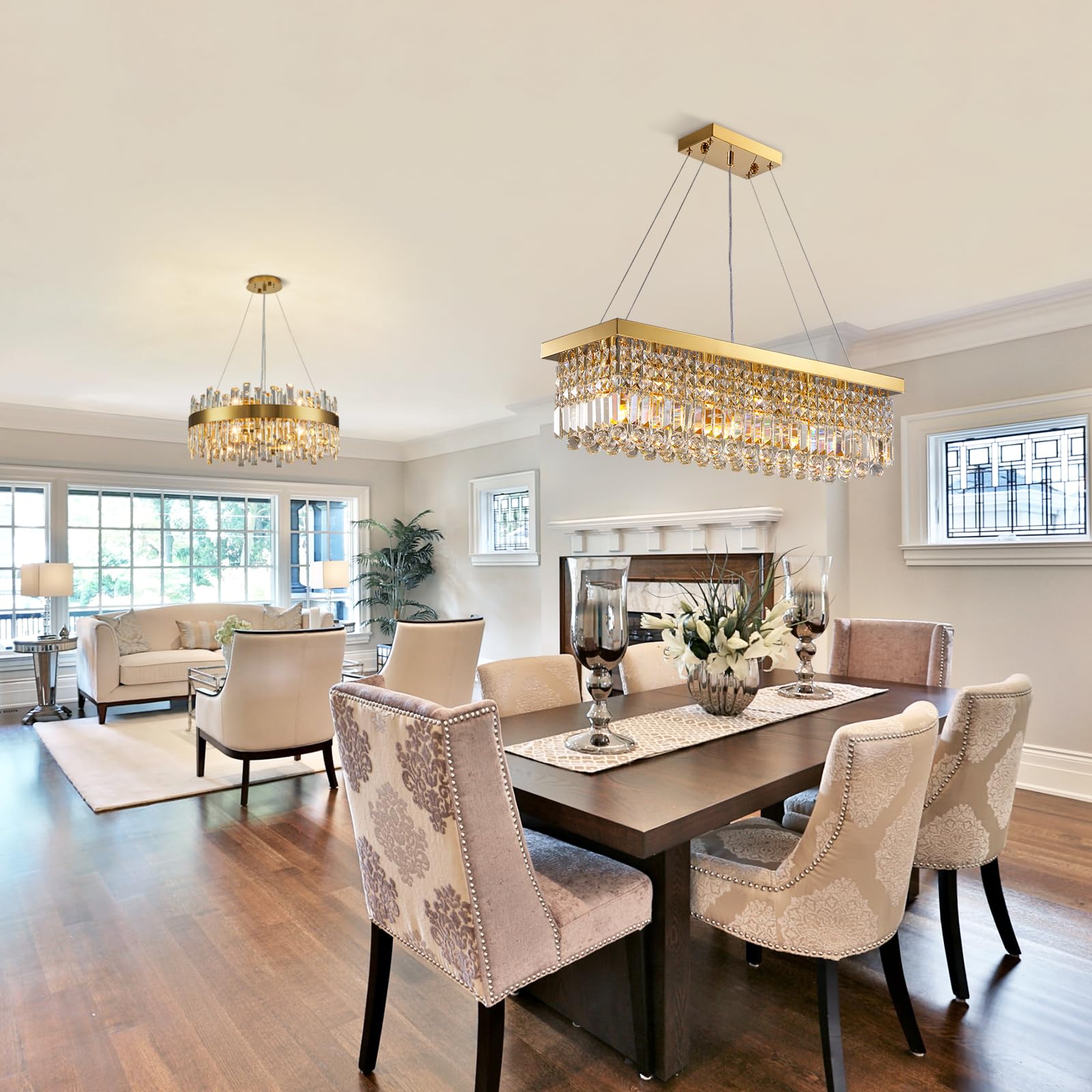 Siljoy 6-Light Crystal Chandelier, Gold K9 Raindrop, L31.5'' x W10'' x H10'', Adjustable Ceiling Pendant for Dining Room and Kitchen