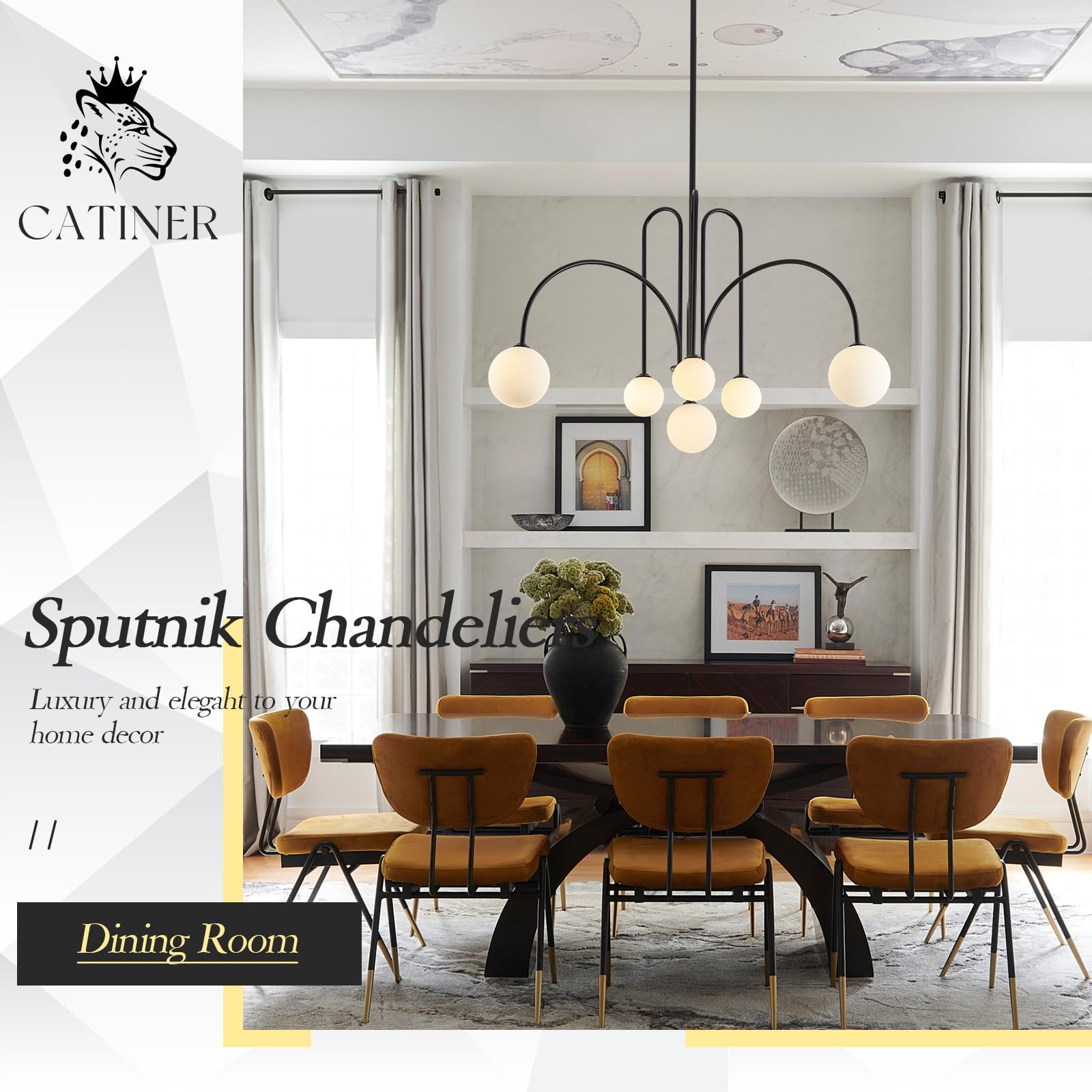 CATINER Modern Black 6-Light Sputnik Chandelier, Metal with White Glass Globe Shades, 40” for Dining Room, Foyer, Bedroom, Model P93-6B1