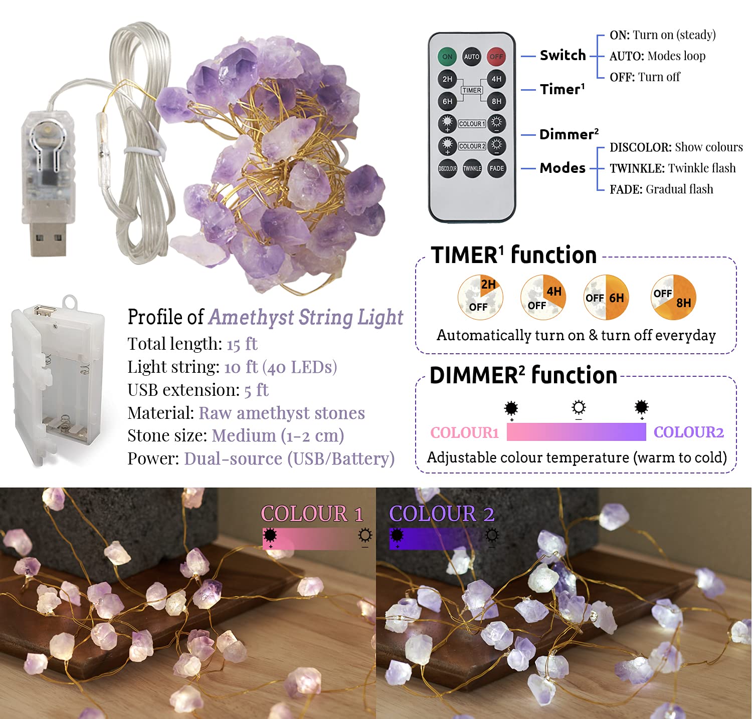 MIYA LIFE Nature Amethyst Crystal String Lights - 10FT 40LEDs, USB/Battery Operated, Purple Grape Crystal Fairy Lights for Bedroom and Office