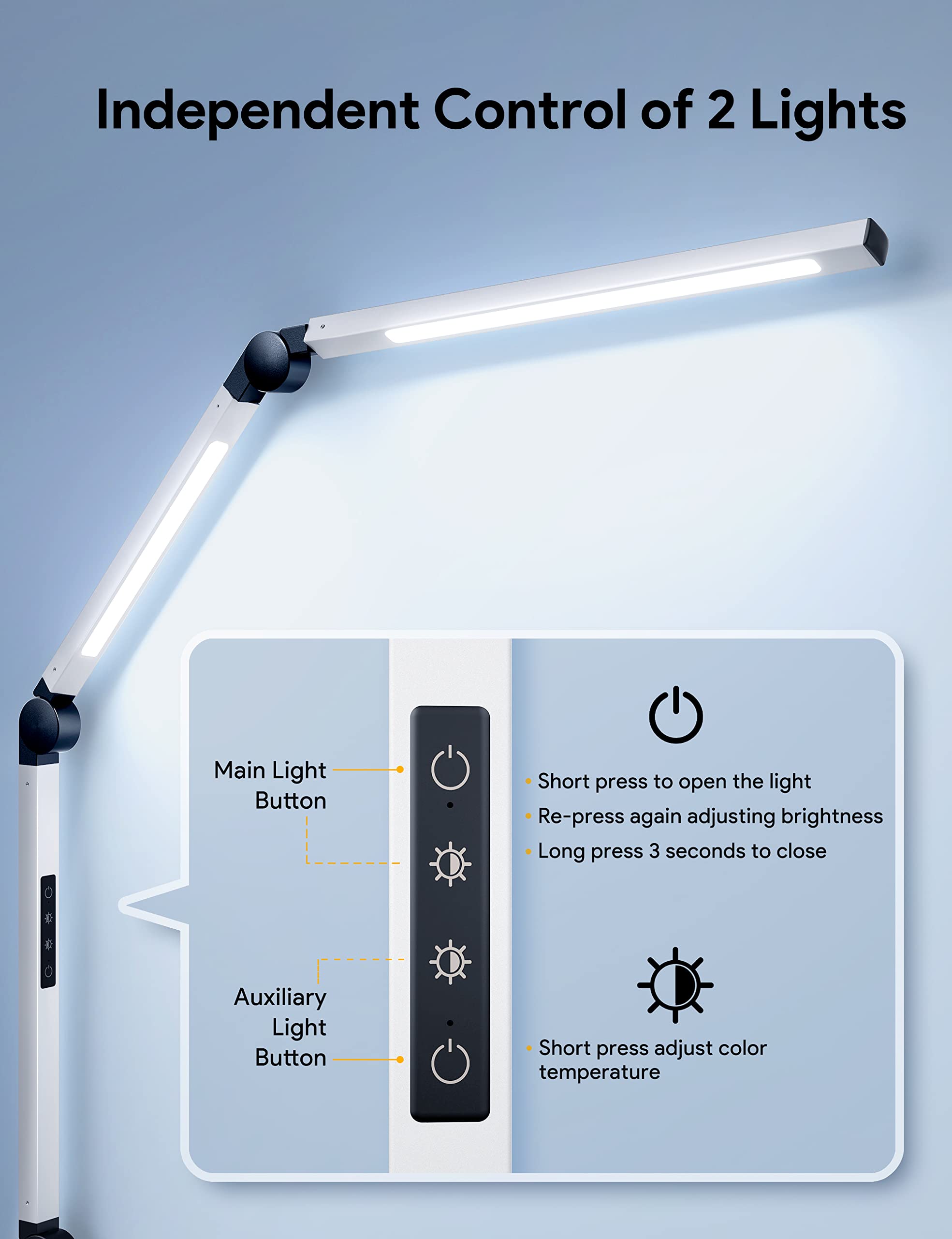 MediAcous LED Desk Lamp with Clamp, Dimmable 4 Color Modes, Eye-Caring, White, Model ME-DL02