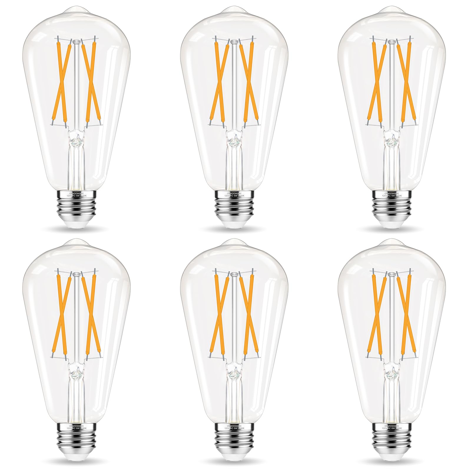 Gvvoohome Led Edison Bulbs, E26 Bulb 60 Watt Non-Dimmable, Soft White 2700K, St58 Vintage Light Bulbs, 90+ Cri, 6W 600Lm, E26 Me