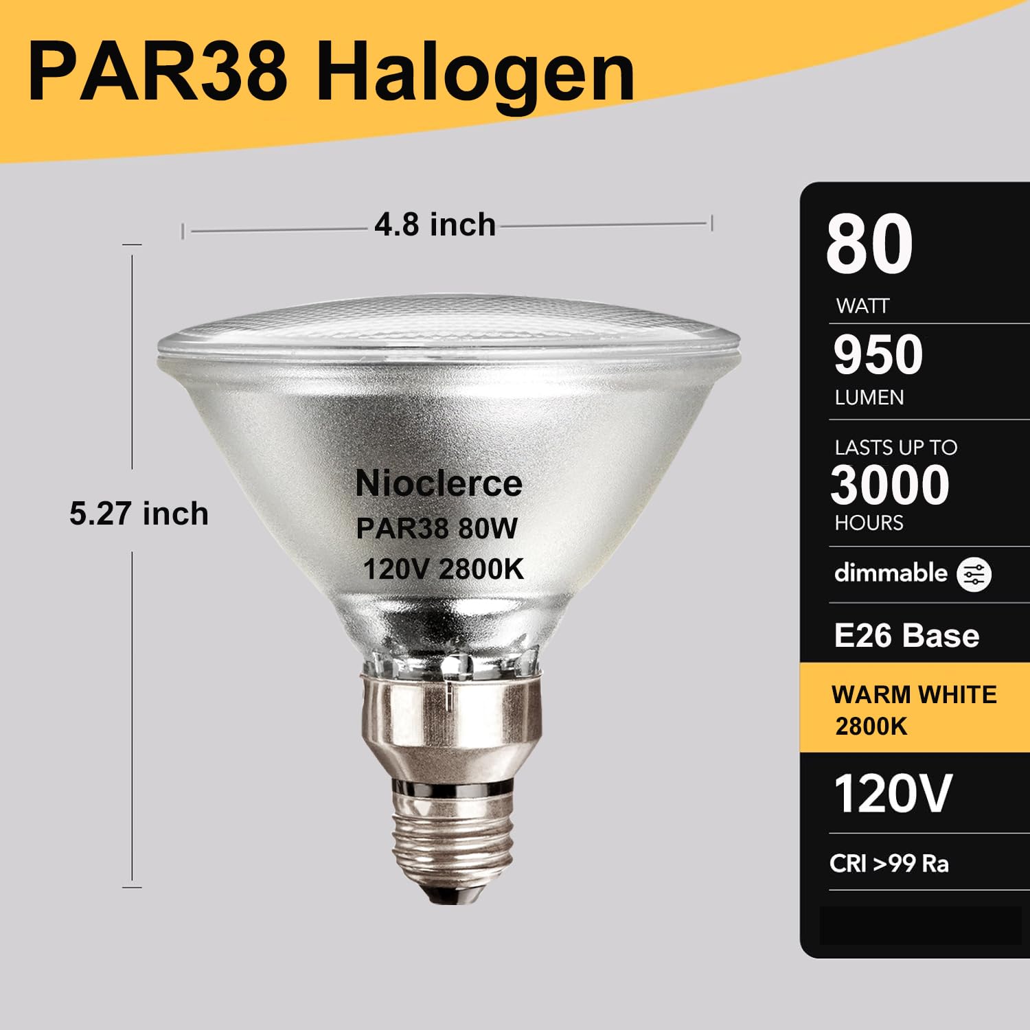 Nioclerce PAR38 Flood Light Bulbs - 4 Pack 80W Dimmable Halogen 120V Warm White 2800K, E26 Base, 950LM for Indoor