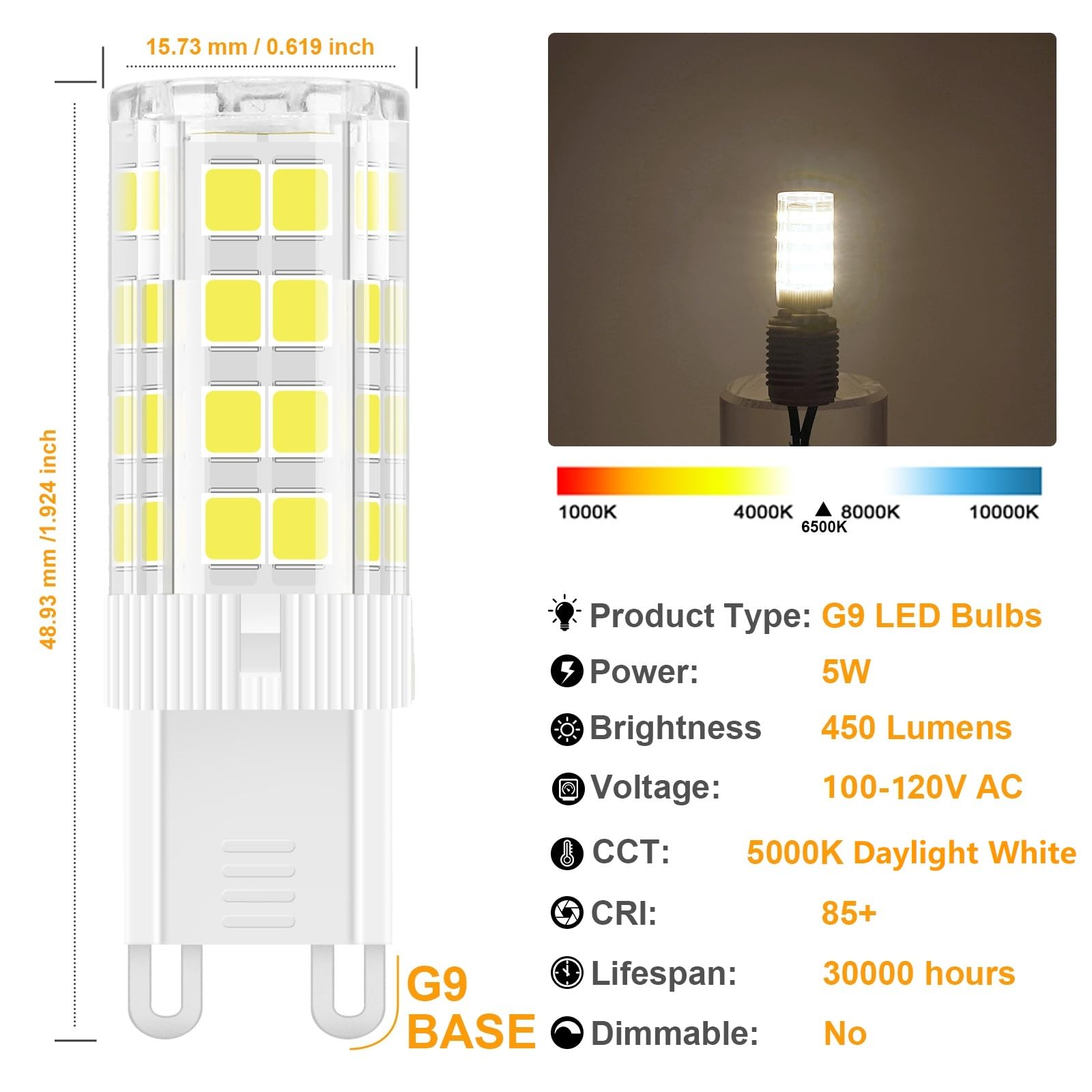 Topleder G9 Led Bulb Daylight 5W, 5000K Non-Dimmable, 40 Watt T4 G9 Halogen Equivalent, 120V No-Flicker, Chandelier Lighting 450