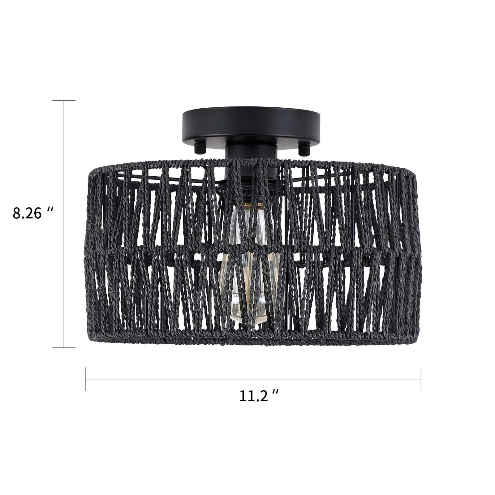 Hchunqjor Coastal Black Woven Flush Mount Light Fixture Rustic Industrial Hemp Rope Round Flush Mount Ceiling Light For Hallway