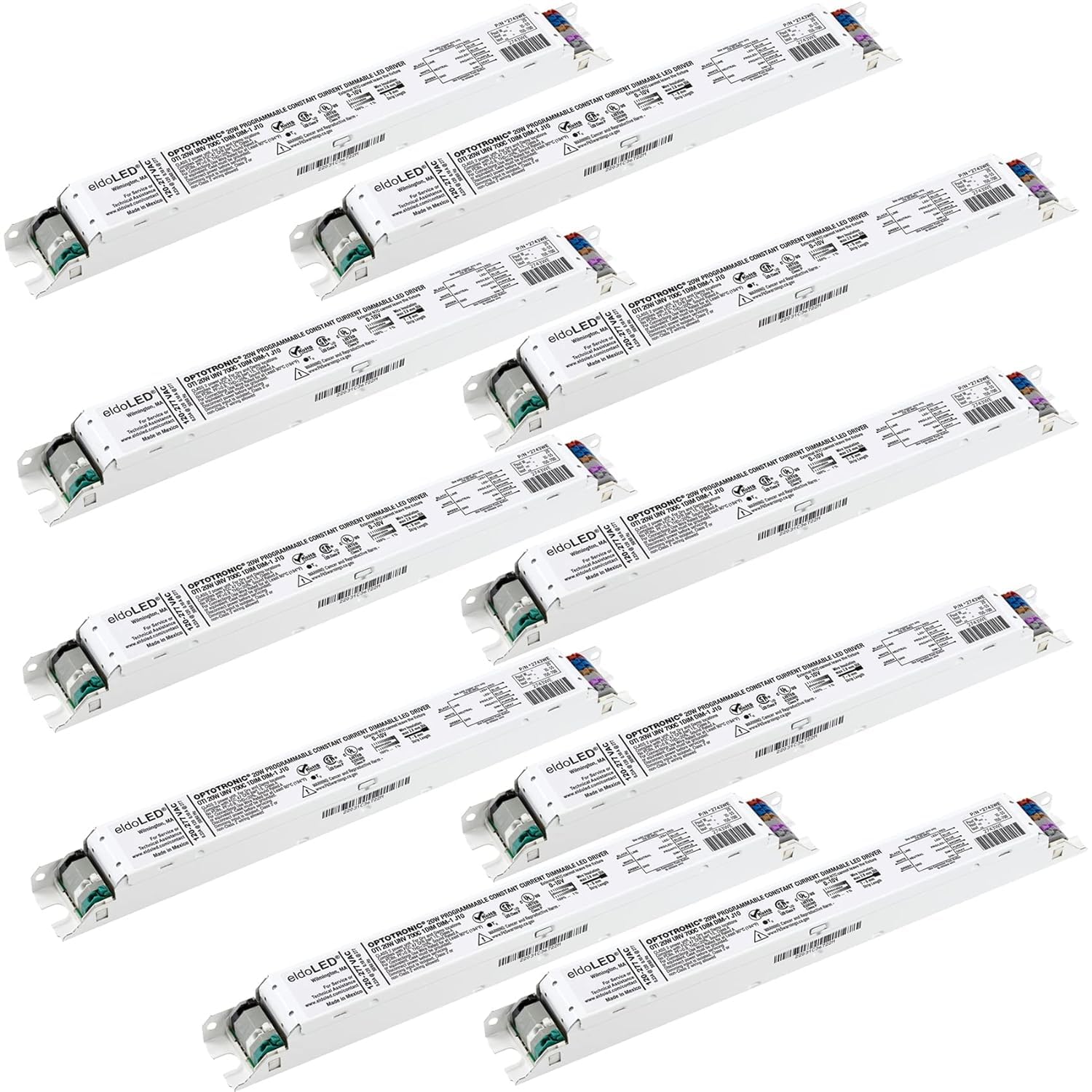 Eldoled Pack Of 10 2743We Optotronic 20W Constant Current 0-10V Dimmable Led Driver, Programmable Linear Oti20/120-277/700Dim-1L