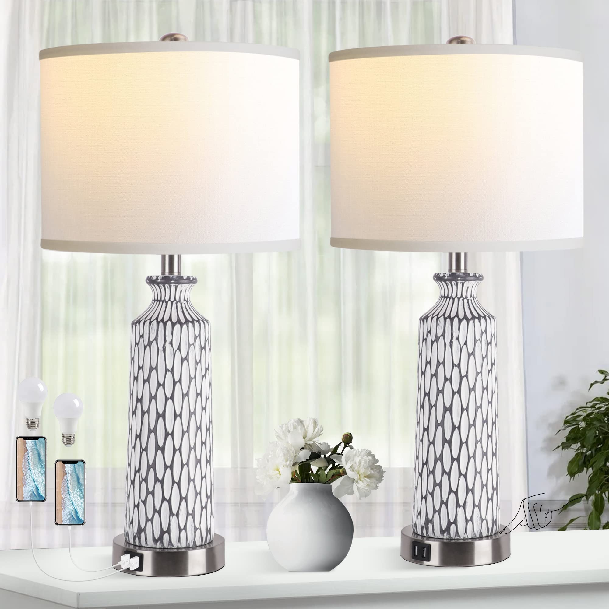 QiMH Table Lamp Set of 2, Modern Coastal Grey White Resin, 3-Way Dimmable Touch Control, USB A+C Ports, 2700K LED Bulbs