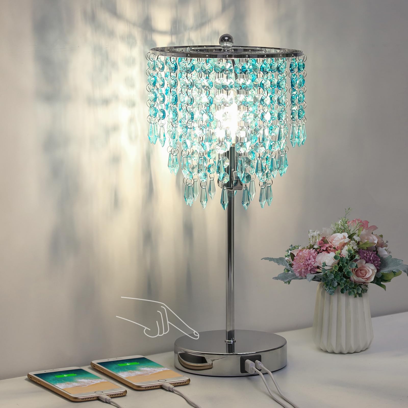 Touch Control Crystal Table Lamp, USB Bedside Lamp for Bedroom, 3-Way Dimmable Nightstand Lamp with Elegant Teal Shade, Modern D