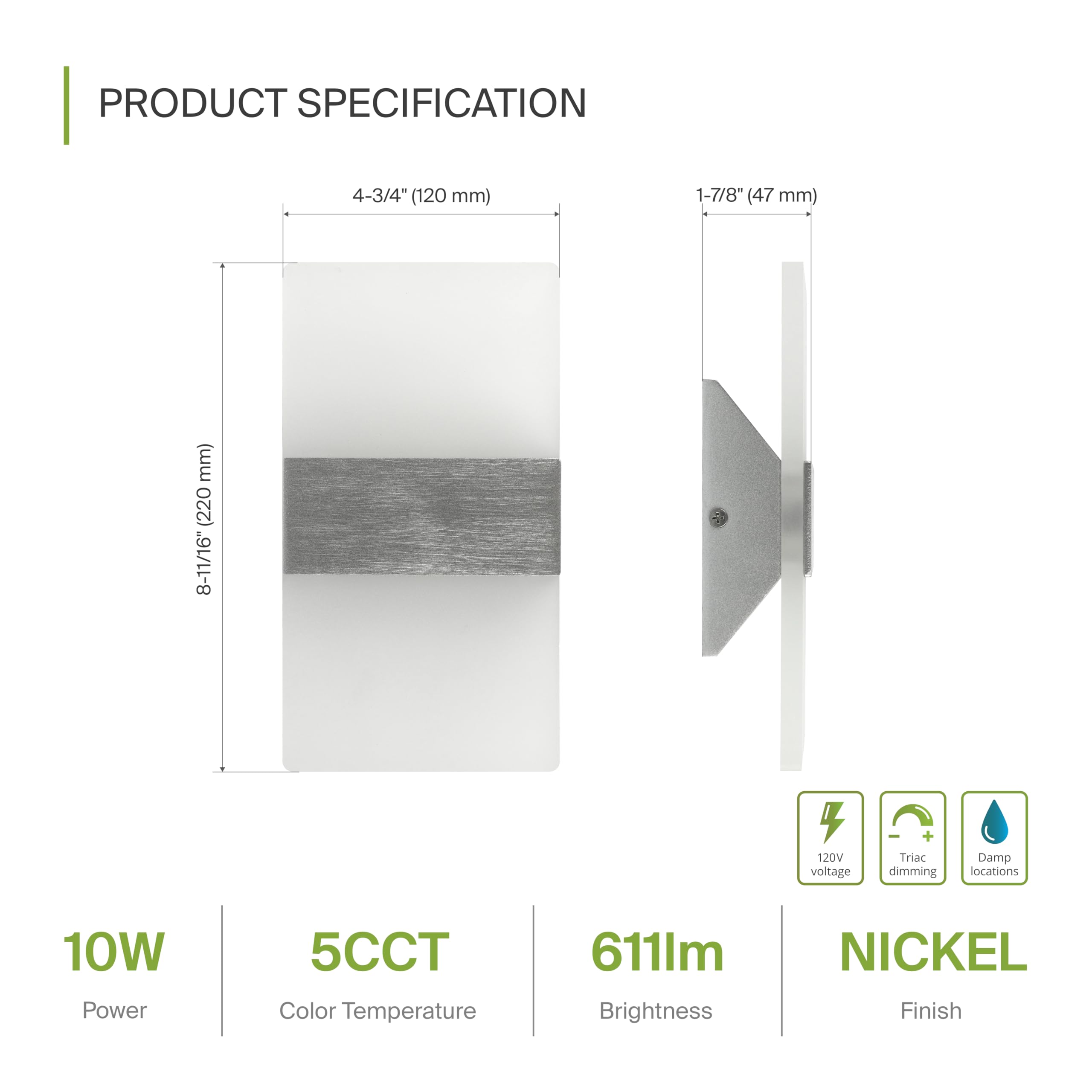 ASD 8 Inch LED Wall Sconce - Dimmable Brushed Nickel Light Fixture, Acrylic Glass, Model A-LWS12-8D10AC-NK