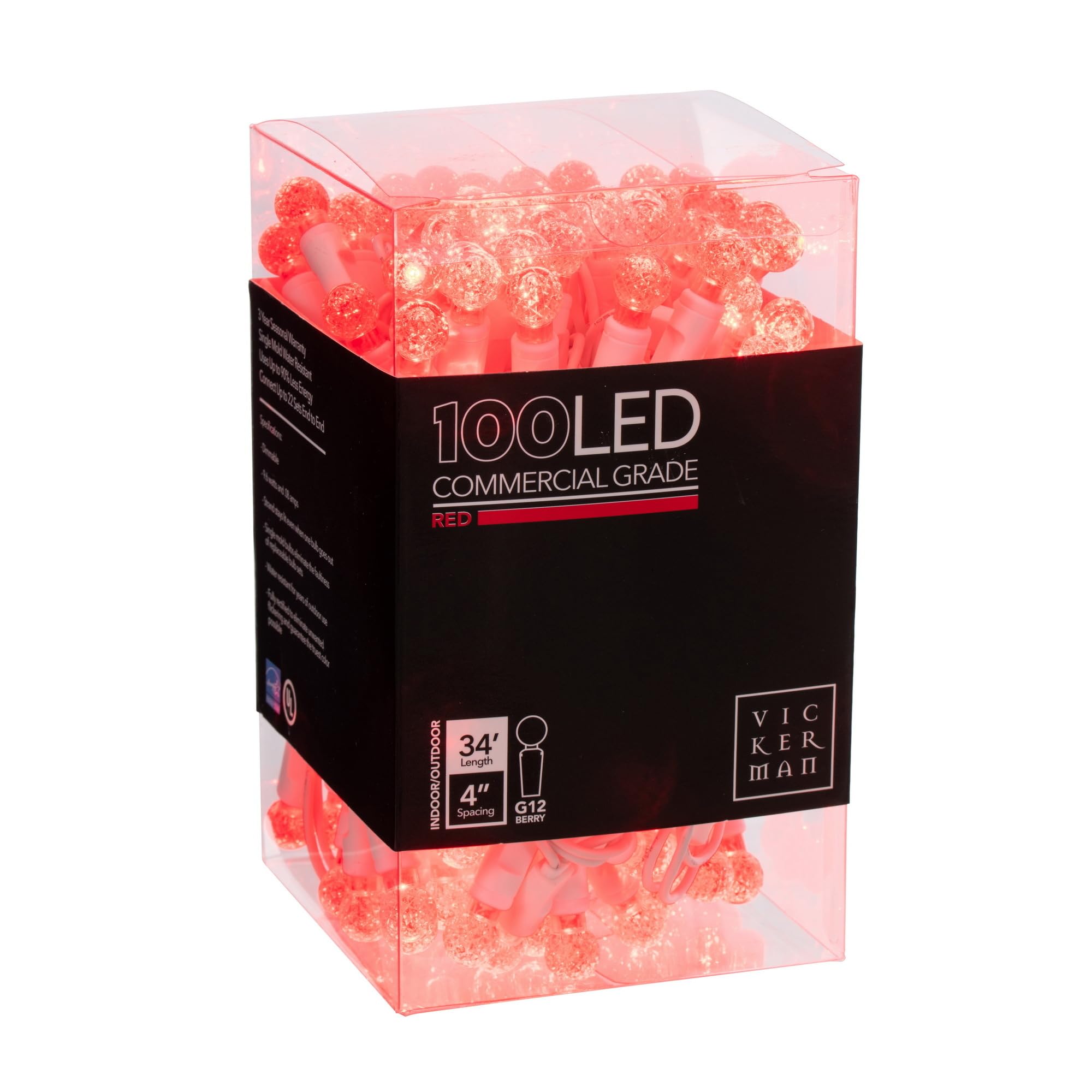 Vickerman LED Light Set, 100 Lights, G12 Red on White Wire, Model X4W9103