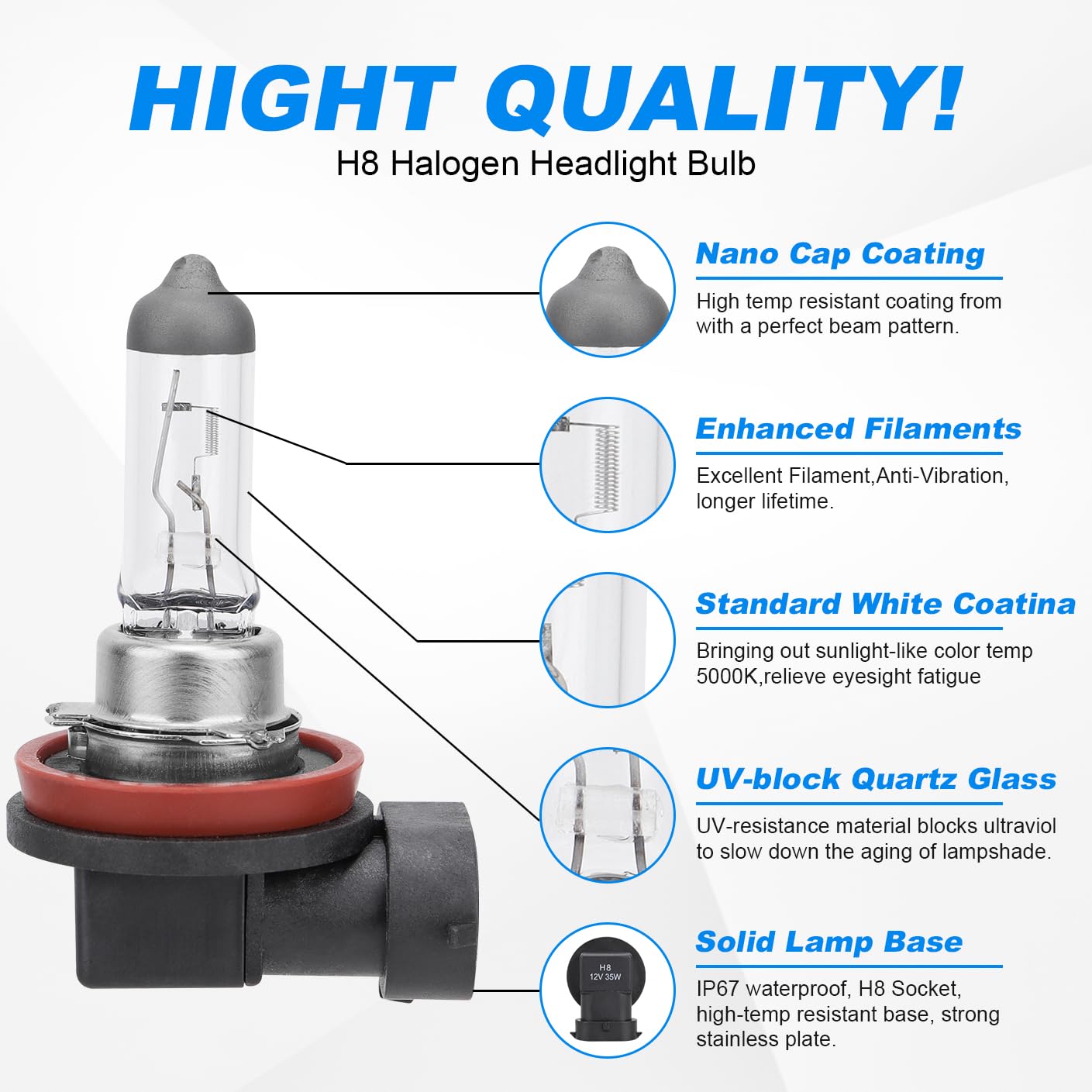 Safego H8 Halogen Headlight Bulb, 12V 35W, 5000K, Low High Beam, Pack of 2, H8 Color