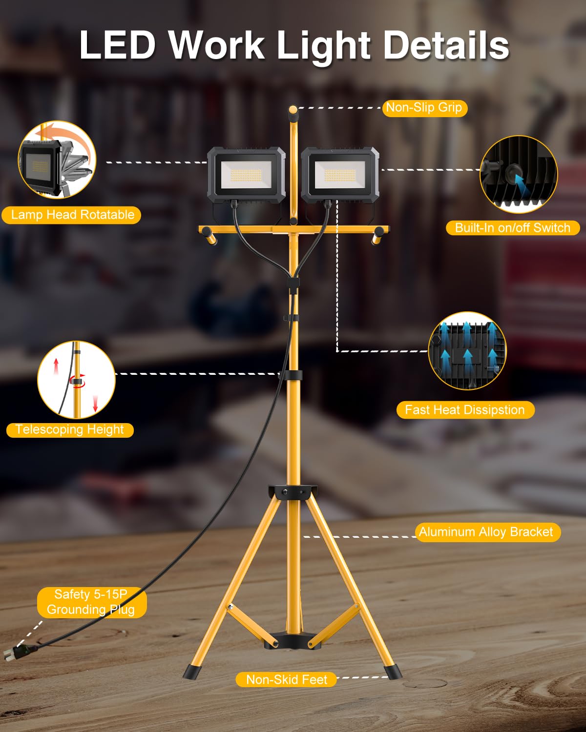 Led Work Light With Stand, 10000 Lumen 2 Head Portable Work Lights On Stand, With Adjustable And Foldable Tripod Stand, Waterpro