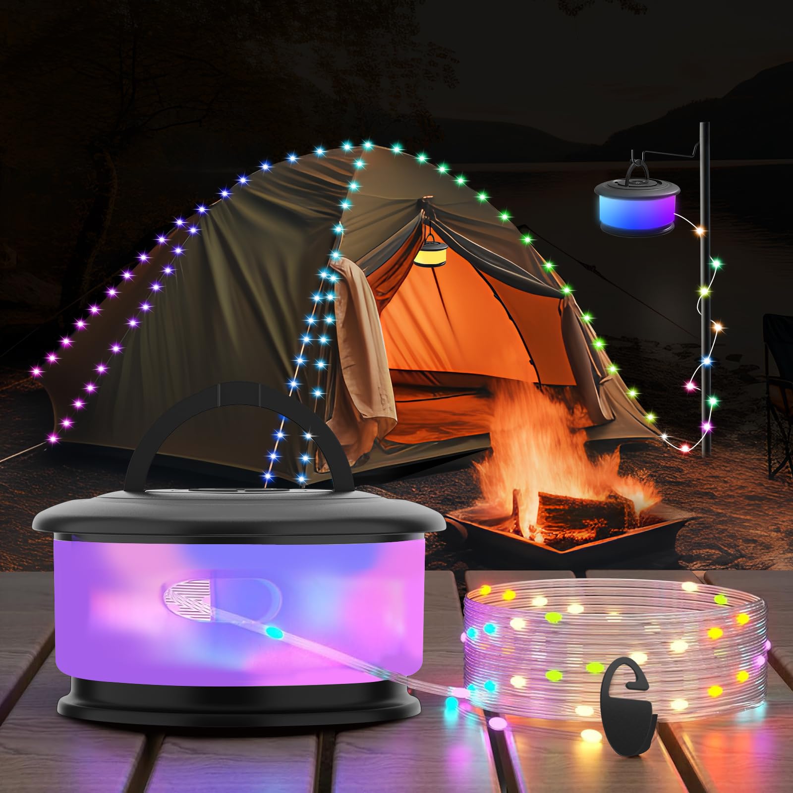 Camping String Lights, Retractable String Lights Camping with 19 Lighting Modes, 32.8 FT Outdoor Rechargeable String Lights, Por