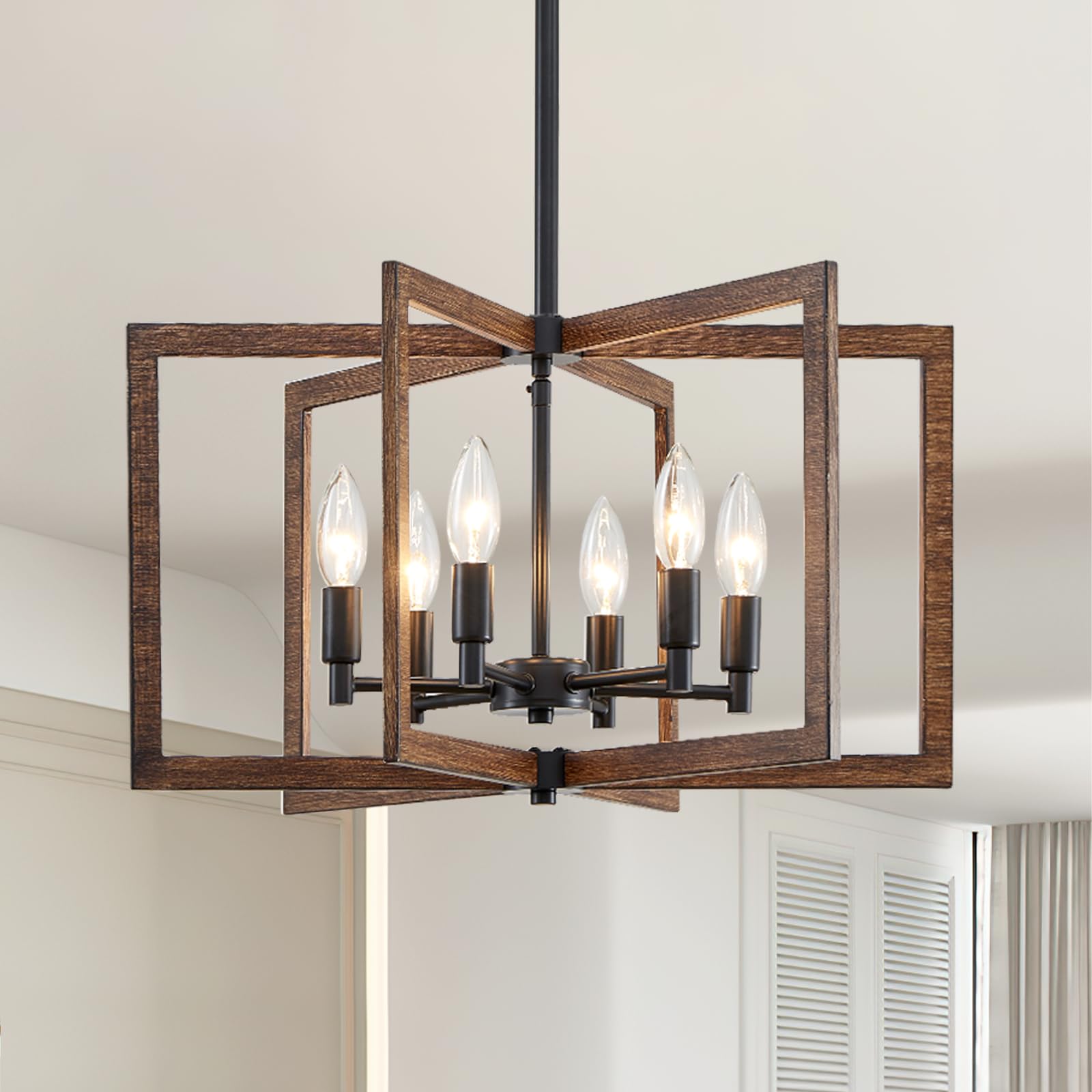 Cabvope Modern Farmhouse Chandelier 20 Black and Wood Grain 6-Light Pendant Lighting Fixture for Dining Living Room Kitchen En