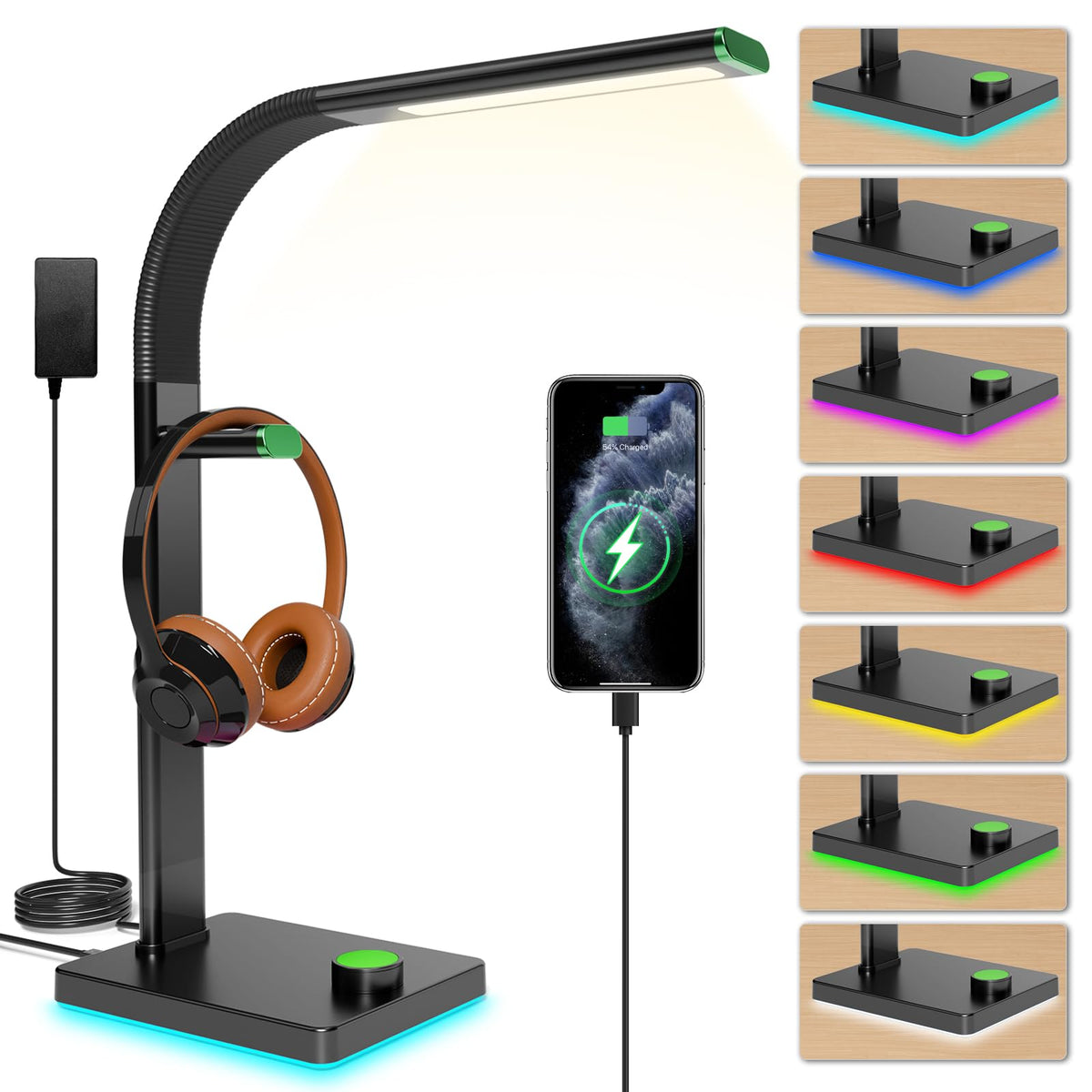 Qntc Multifunctional Desk Lamp With Wireless Charging, Gaming Headphone Stand, Usb Charging Port, Eye Protection Lamp, 7 Color L