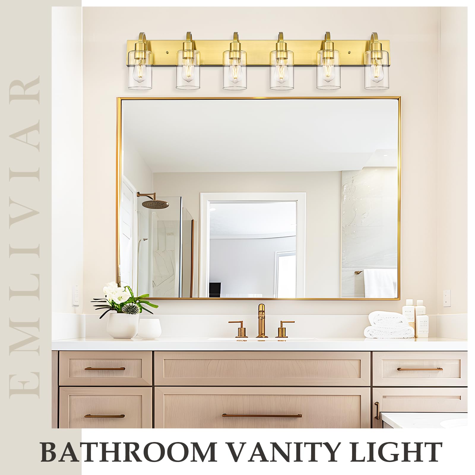 Emliviar Large 6-Light Vanity Lighting For Powder Room  44.7 Inch Wall Lamp Over Mirror With Clear Glass Shade  Brushed Gold Finish  Yce237B-6W Bg