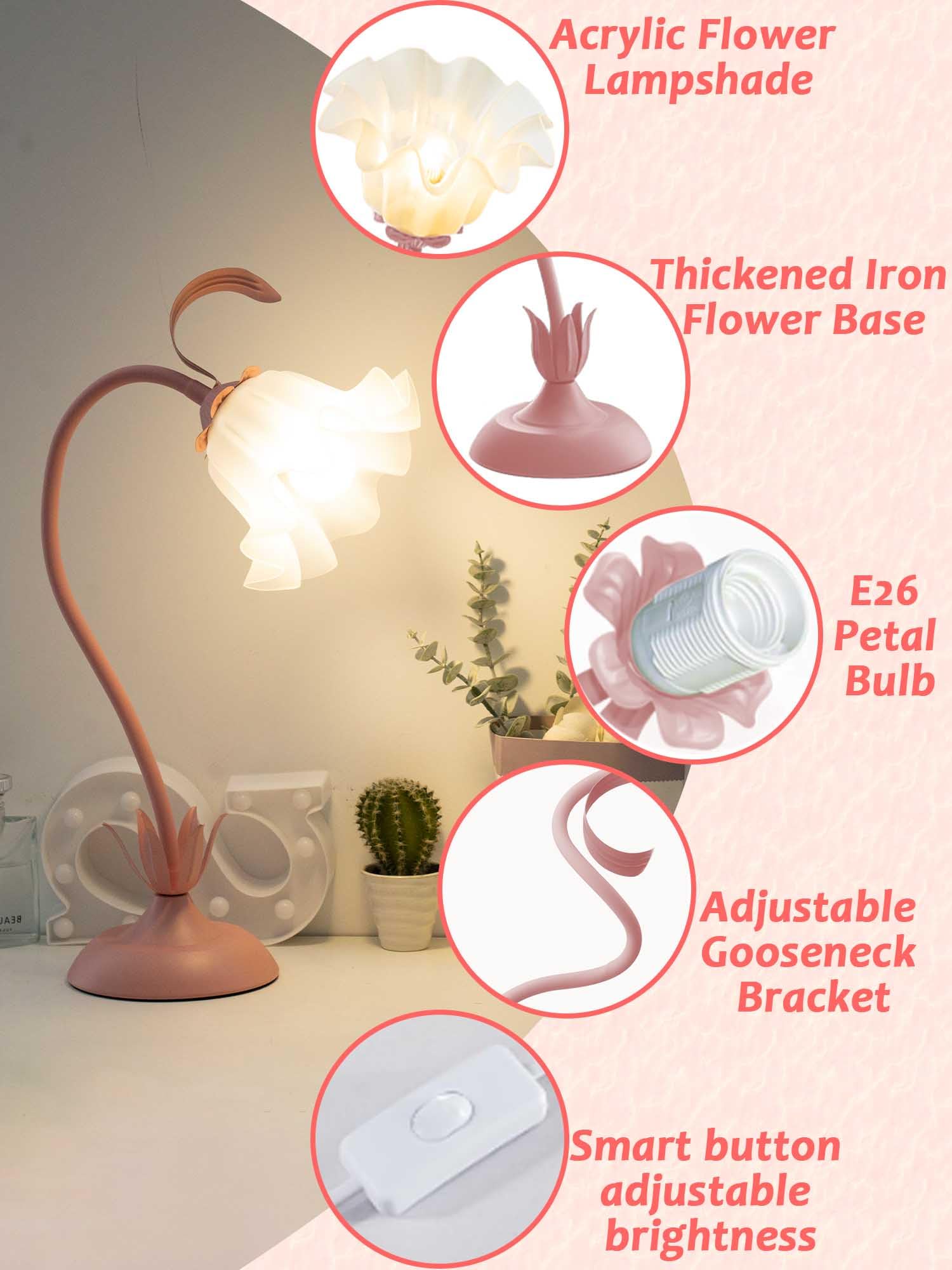 AQDZCNF Flower Table Lamp, LED Night Light, 3 Color Modes, 5.9in D x 5.9in W x 19in H, Pink, Model MN-Q