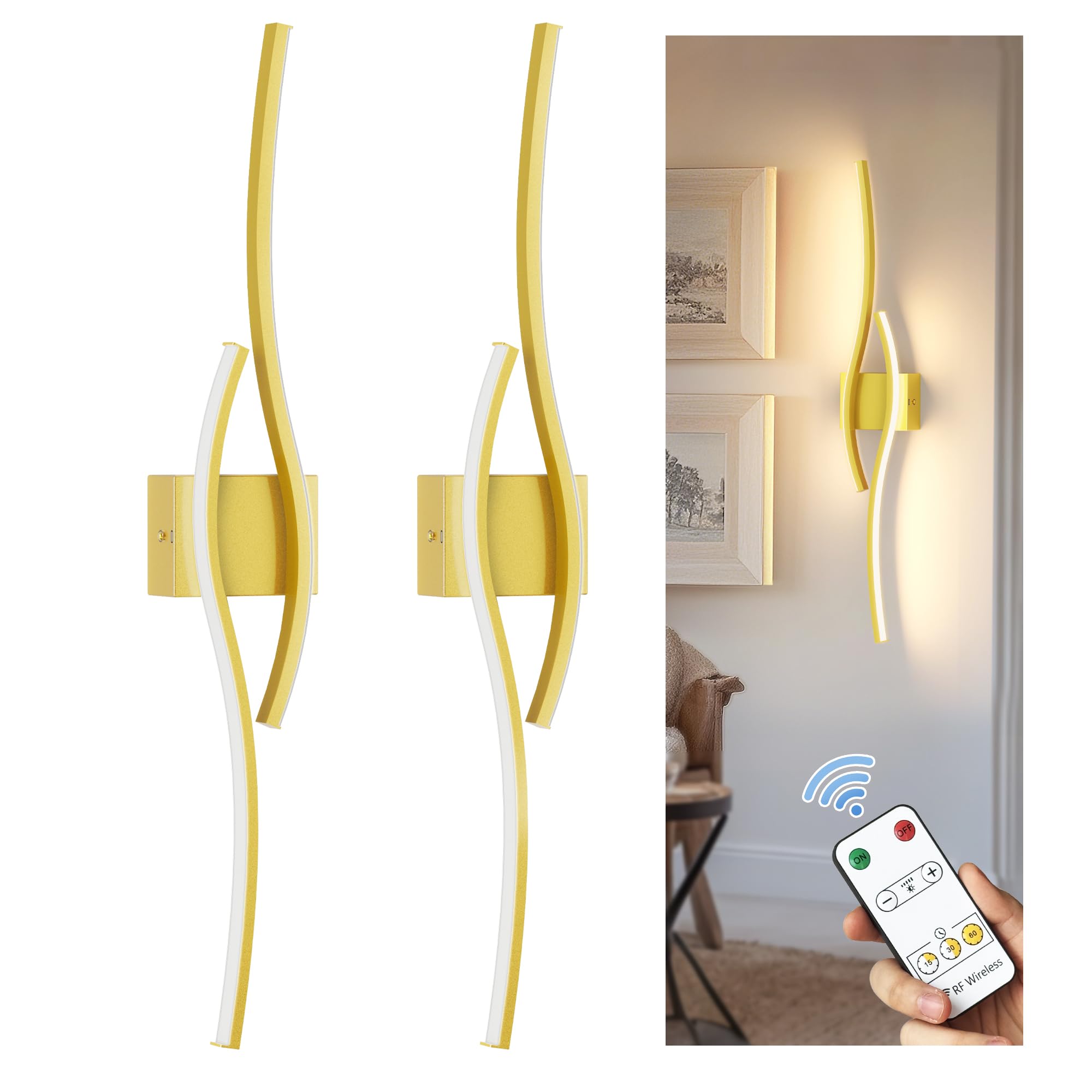 L LOHAS LED Wall Sconces Set of 2, Dimmable 3000K, 31.6in, Gold, Battery Operated, Metal, Model 510c4847