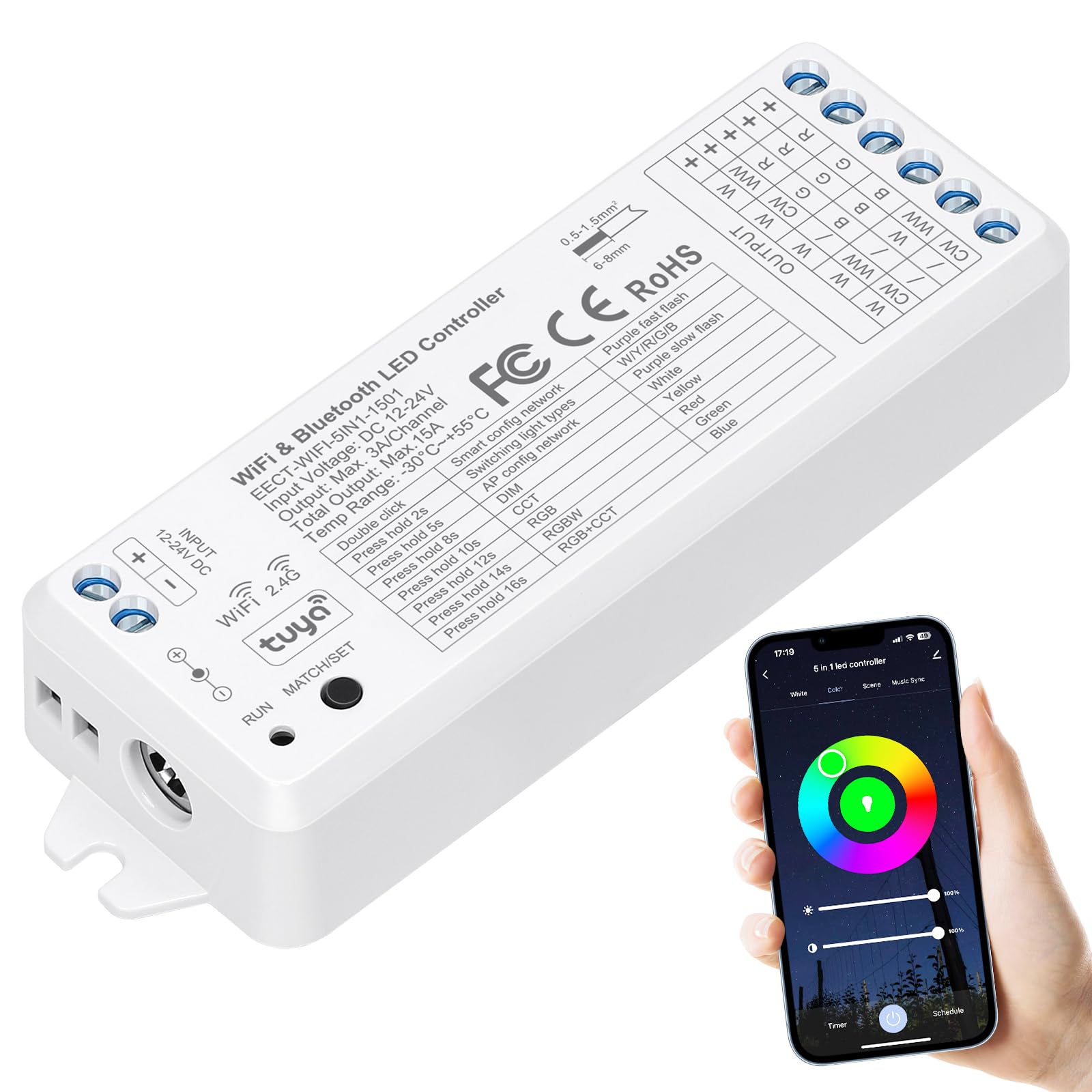 EMITEVER WiFi&Bluetooth 5-in-1 LED Controller WT5 Dimmable for DC12-24V PWM Single Color/CCT/RGB/RGBW/RGBCCT LED Band Lights  Compatible with Tuya APP/Smart Life/Alexa/Google Home