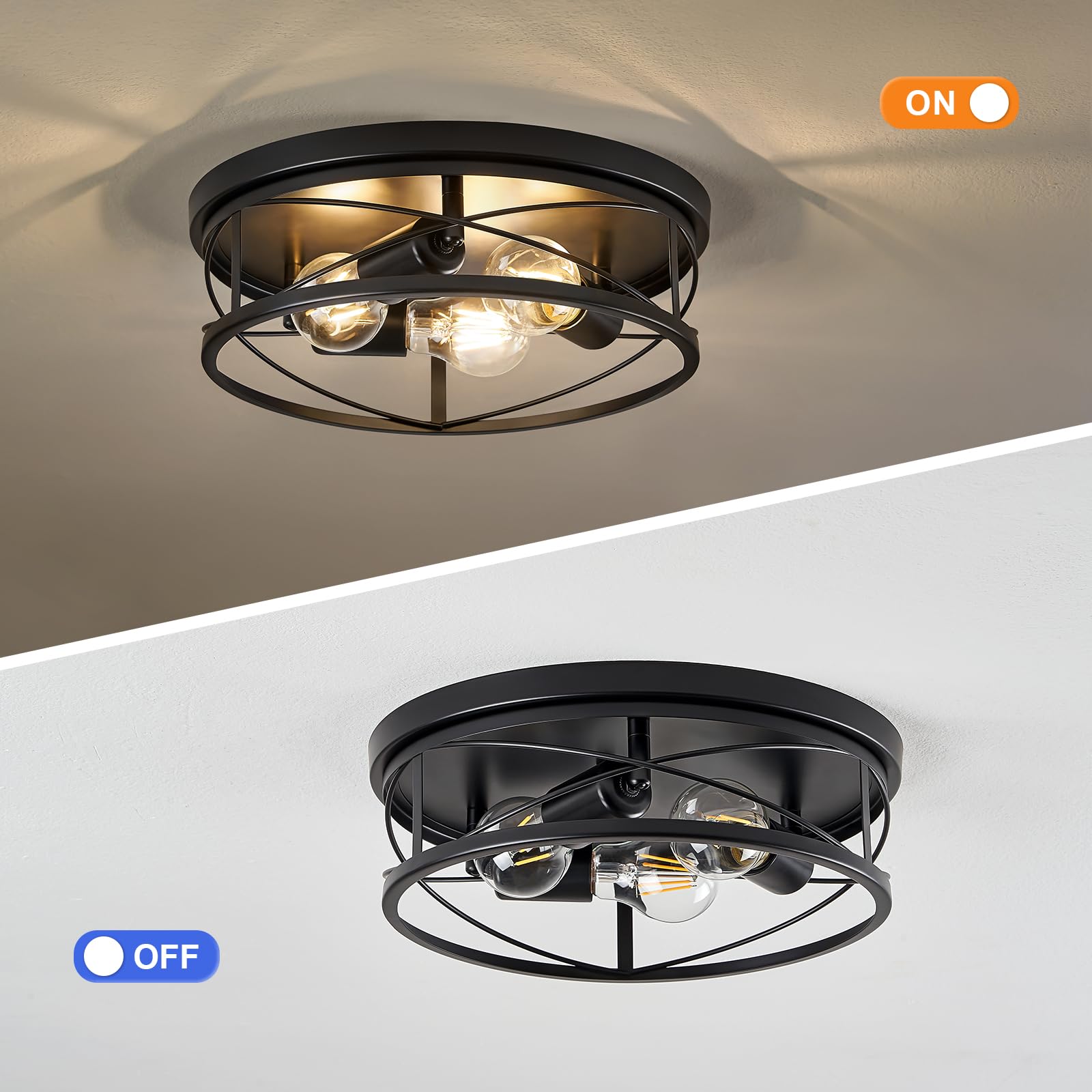 Violoemi Farmhouse Light Fixtures, Black Round Metal Flush Mount Ceiling Light, 3-Light Cage Ceiling Lamp For Kitchen, Foyer, Be