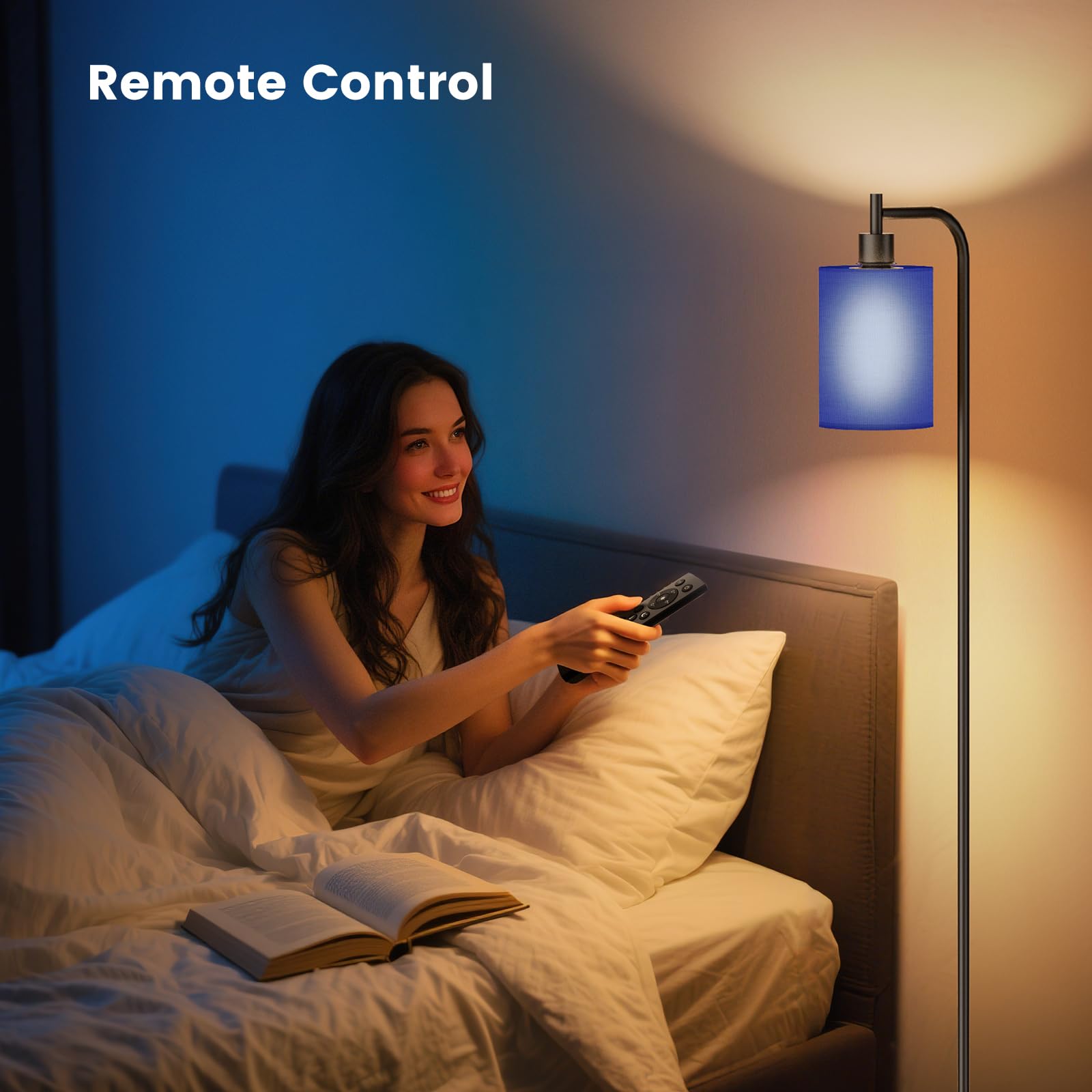 SIBRILLE Floor Lamp with Linen Shade, Dimmable, Remote Control, 3 Color Temperatures, Metal, Blue, Model BP-F072
