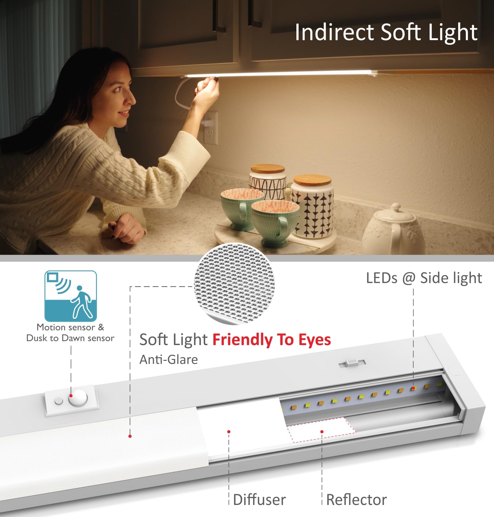 Leetdud Under Cabinet Lighting Motion Sensor Hardwired, 24 Inch 12W Dimmable, 5 Cct 2700/3000/3500/4000/5000K, Eyes Care Design