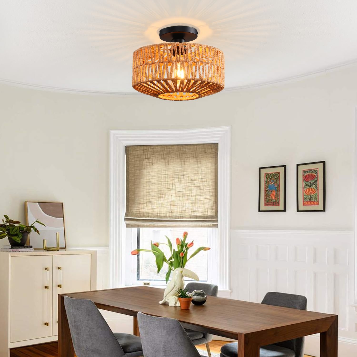 Kenmi Ceiling Light Fixture,Hand-Woven Rattan Flush Mount Ceiling Light,Farmhouse Light Fixtures Ceiling Mount Boho For Hallway
