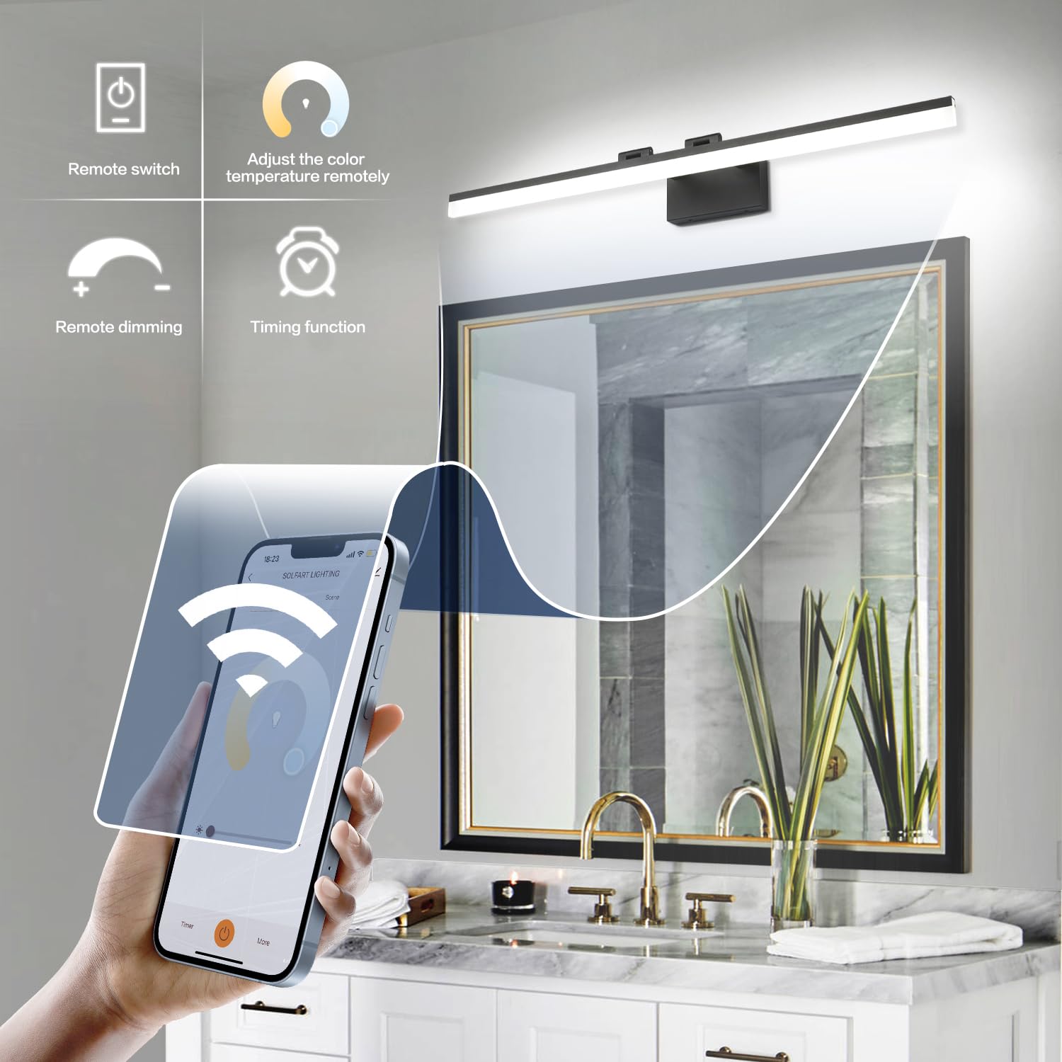 SOLFART LED Bathroom Vanity Light Fixture, Adjustable Color Temperature, Dimmable, 39.4 Inch, Black, Model 8778-1000mm-6000K-TY