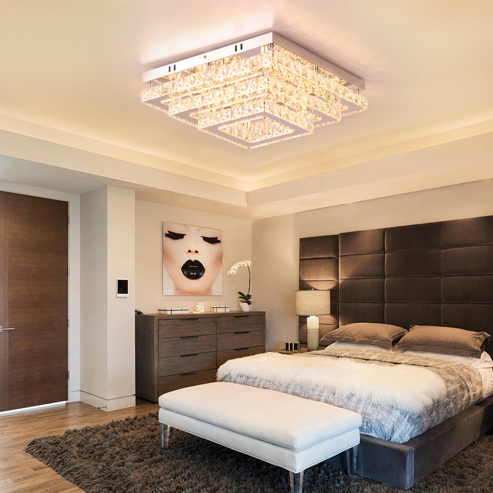 Finktonglan 15&quot; Dimmable Crystal Led Ceiling Light Fixture - Modern 3-Tier Chandelier For Home