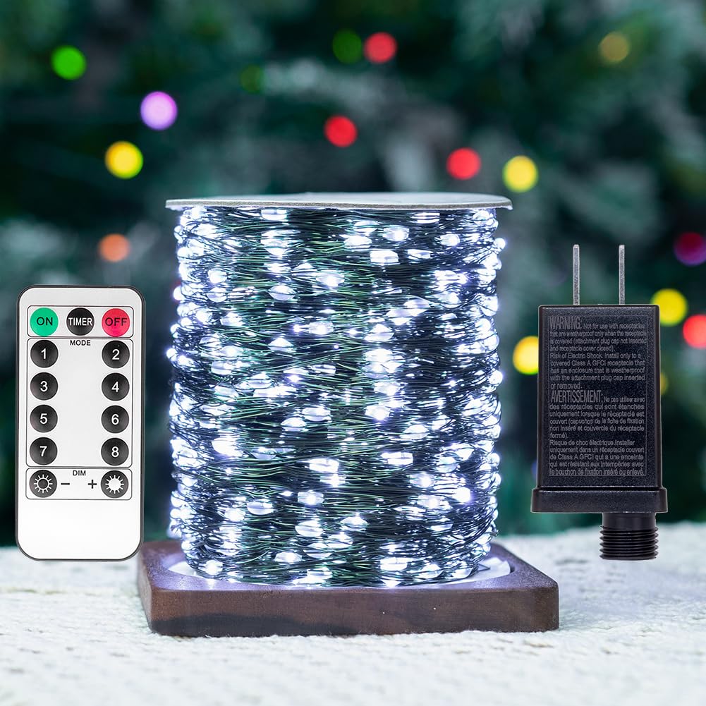 Zeluxdot 100Ft Waterproof Fairy Lights, 300 Leds, Cool White, 8 Modes, Remote Control, Green Wire For Indoor/Outdoor Decorations