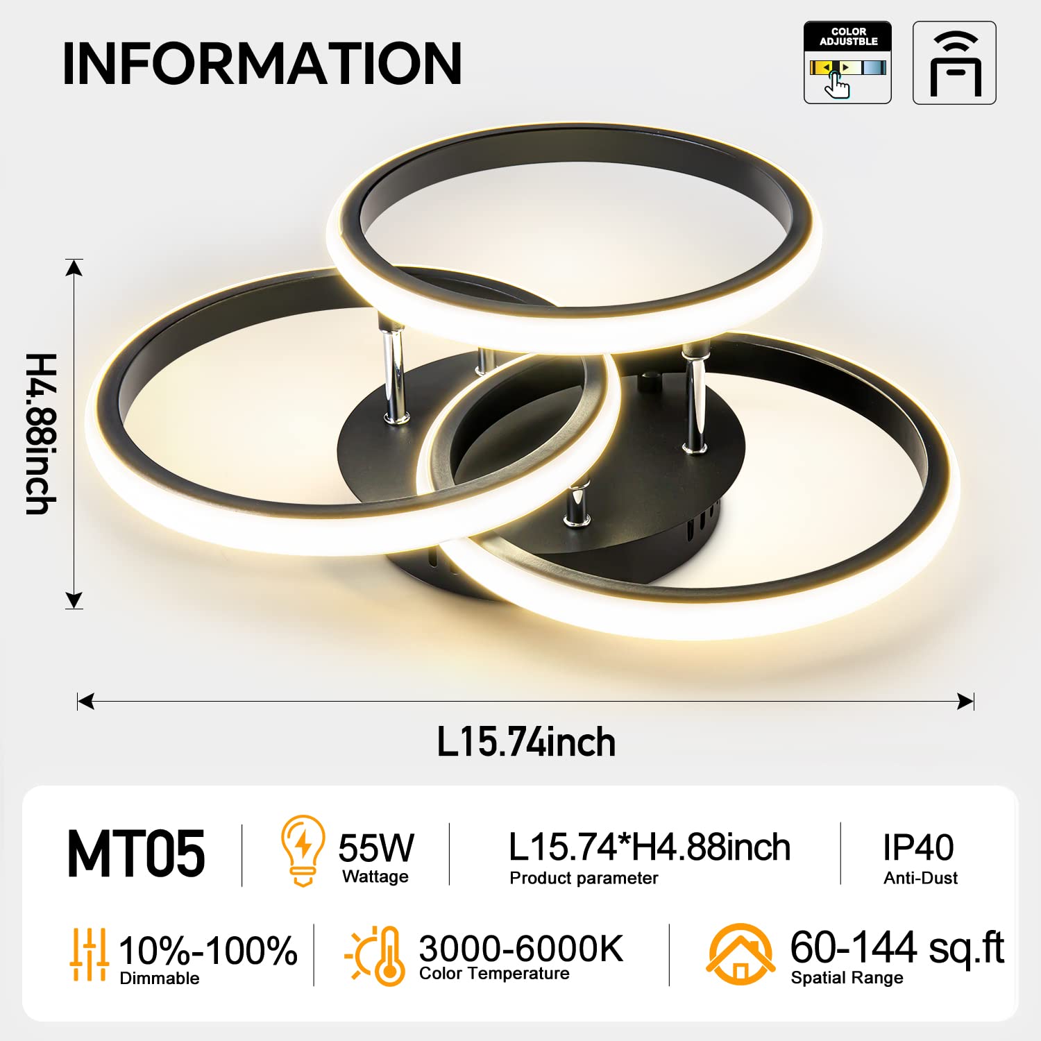 15.74In Dimmable Led Modern Flush Mount Ceiling Light Fixture With Remote Control, 3000K-6500K 3-Color Dimming Circle Modern Chandelier, Close To Ceiling Bedroom Kitchen Hallway Cloakroom Lamp