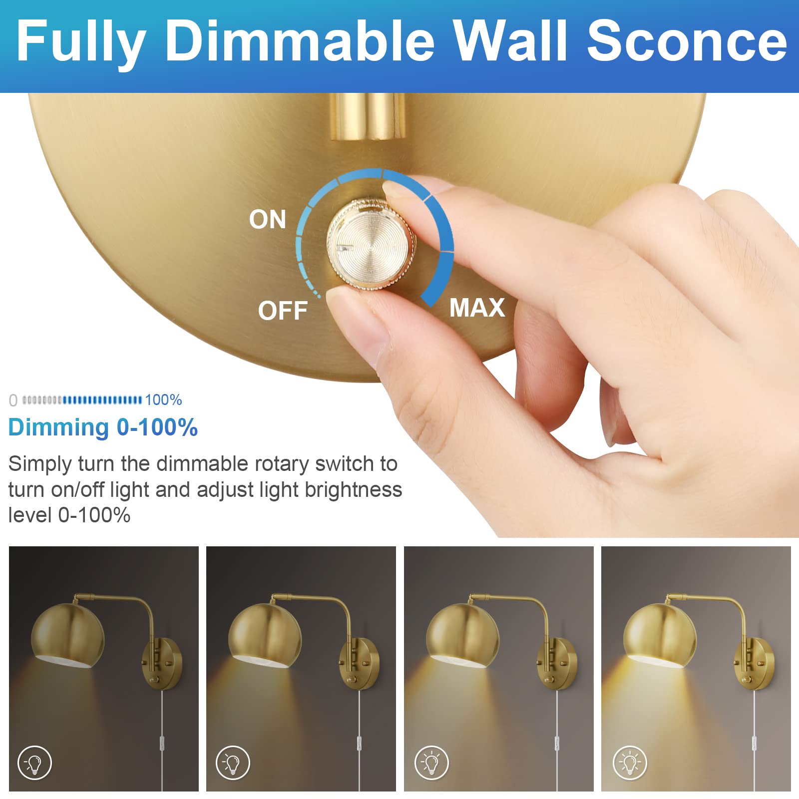 Vatoni Wall Sconces Plug In, Dimmable Wall Sconce Swing Arm Wall Lights With Plug In Cord And Dimmer On/Off Knob Switch, Brushed