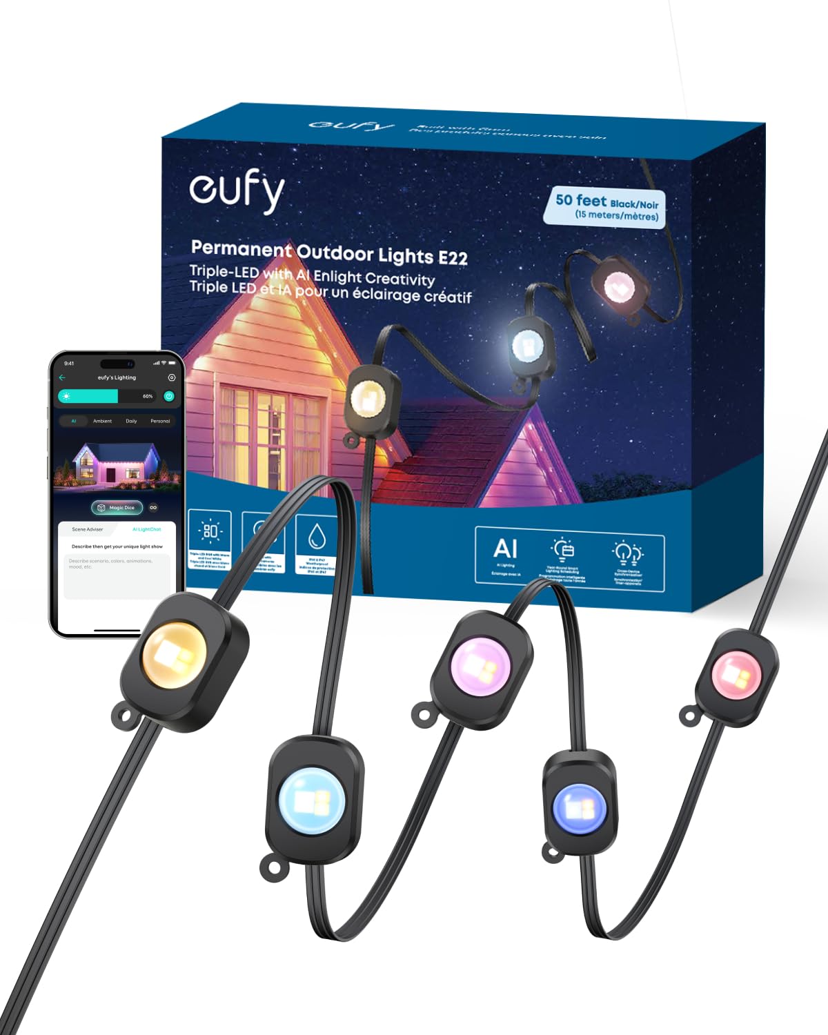 eufy Permanent Outdoor Lights E22, 50ft, Smart RGBWW, IP67 Waterproof, Black
