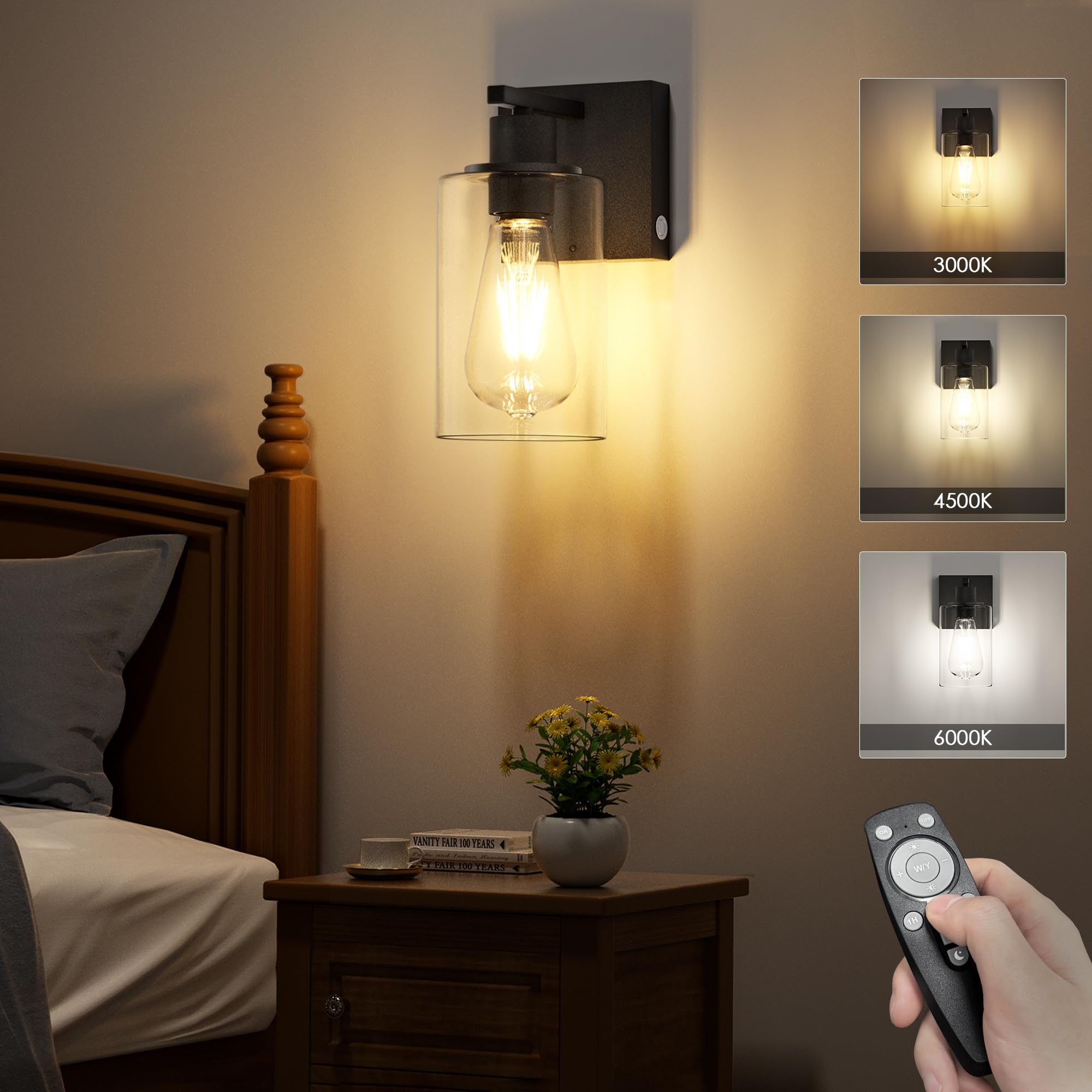 BUTHY Battery Operated Wall Sconce LED Glass Lamp, Dimmable E26 Bulbs, Rechargeable Black, Indoor, Model DX0019, 1 Pack